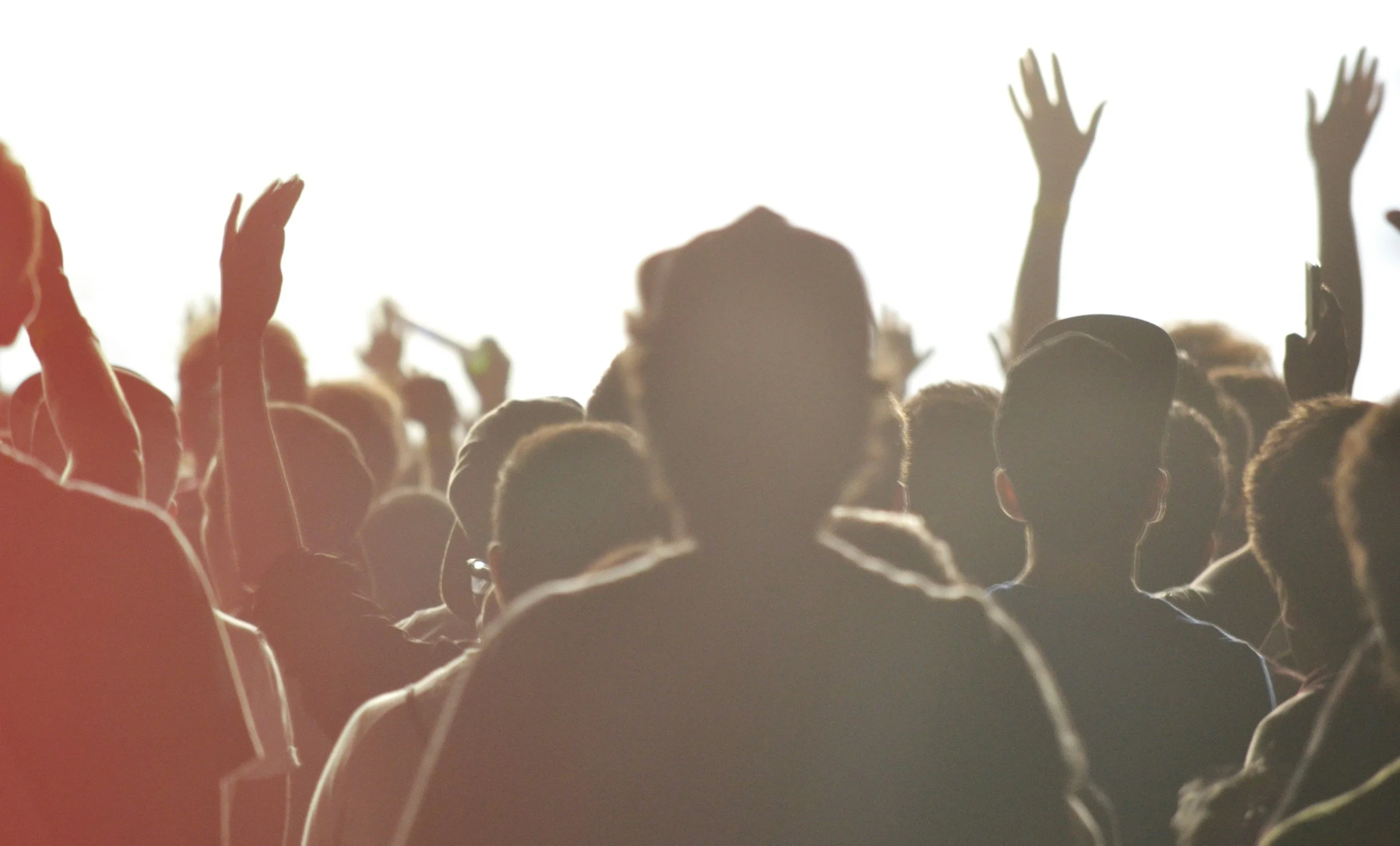 Crowd of people at a concert or event, with some raising their hands and faces backlit by bright light.