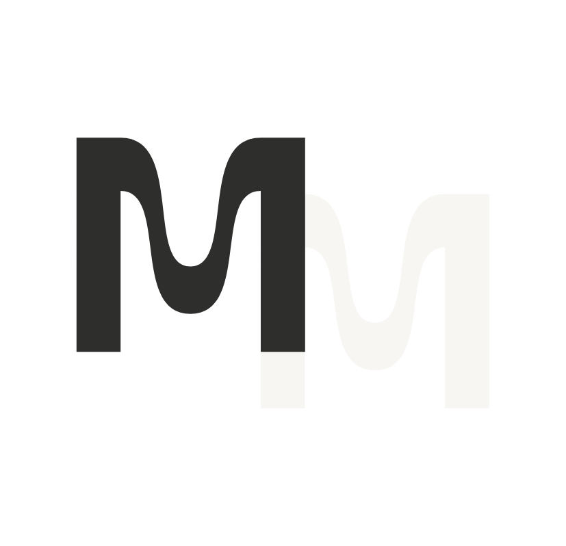 An abstract logo with black, white, and gray curved shapes forming the letter M.