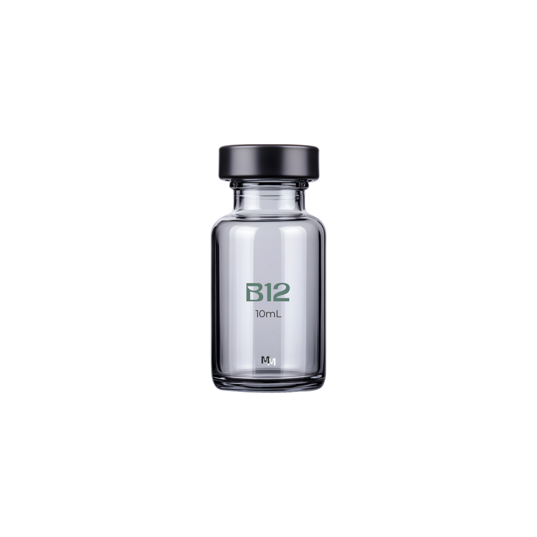 A small glass vial with a black cap, labeled 'B12 10mL' and 'M'.