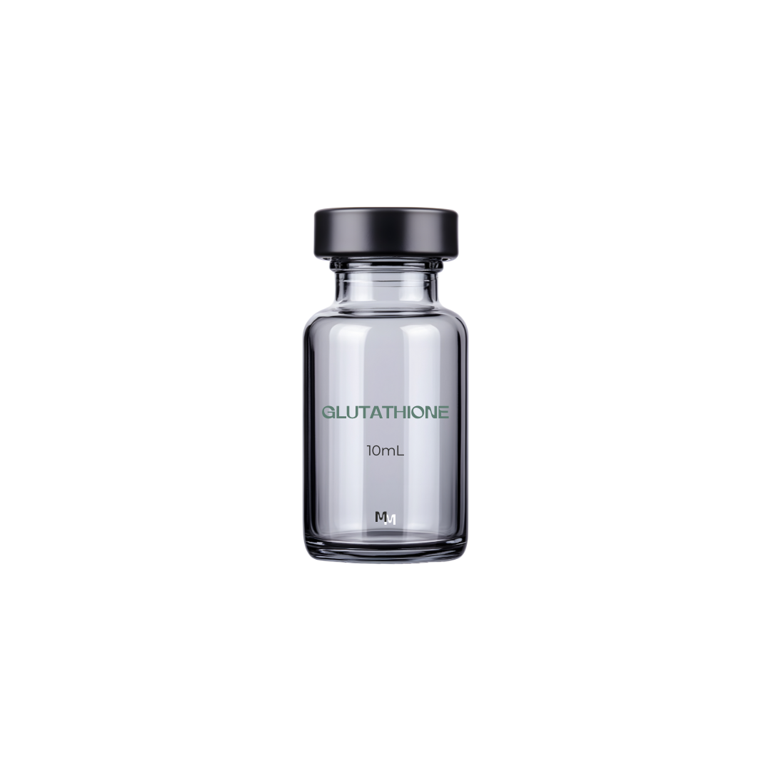 Small glass vial labeled 'GLUTATHIONE 10mL' with a black cap, empty and transparent.