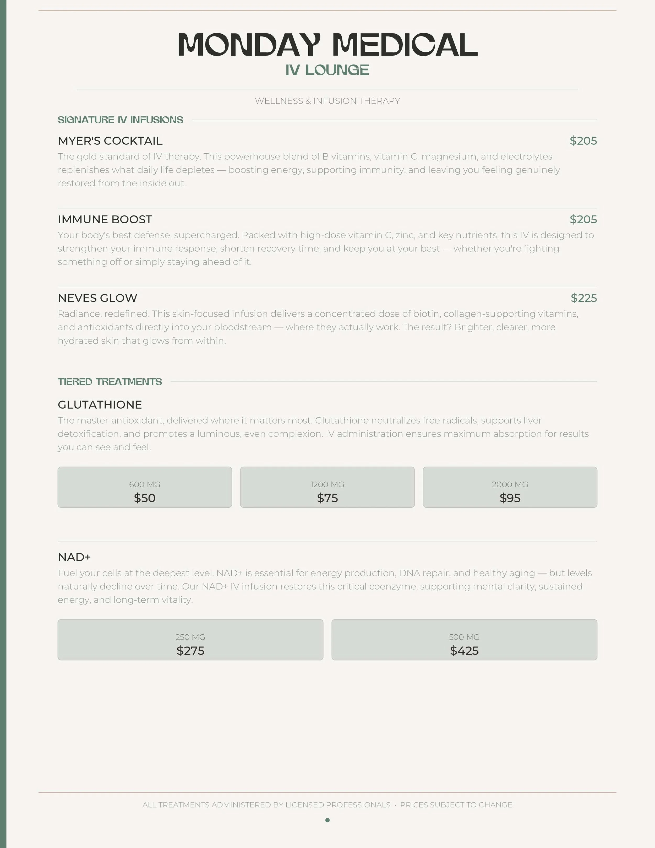 A photo of a medical treatment menu with various infusion therapies and their prices, including 'Myer's Cocktail', 'Immune Boost', 'NAD+', and other treatments with dosages and costs listed.