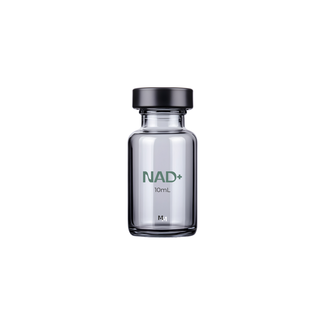 A small, clear glass vial labeled 'NAD+' with a capacity of 10 mL and a black cap, placed against a white background.