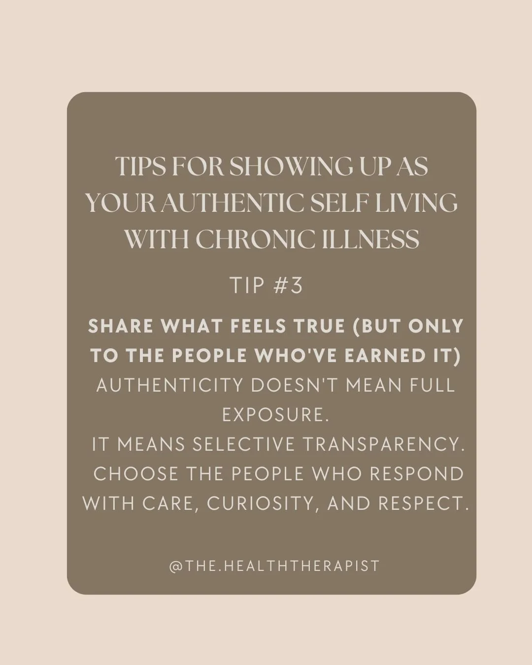 Authenticity doesn&rsquo;t mean telling everyone everything.
It means choosing the people who respond with care, curiosity, and respect.
Your story deserves safe, steady containers. 💛

#chronicillness #thehealththerapist #authenticity #spoonielife #