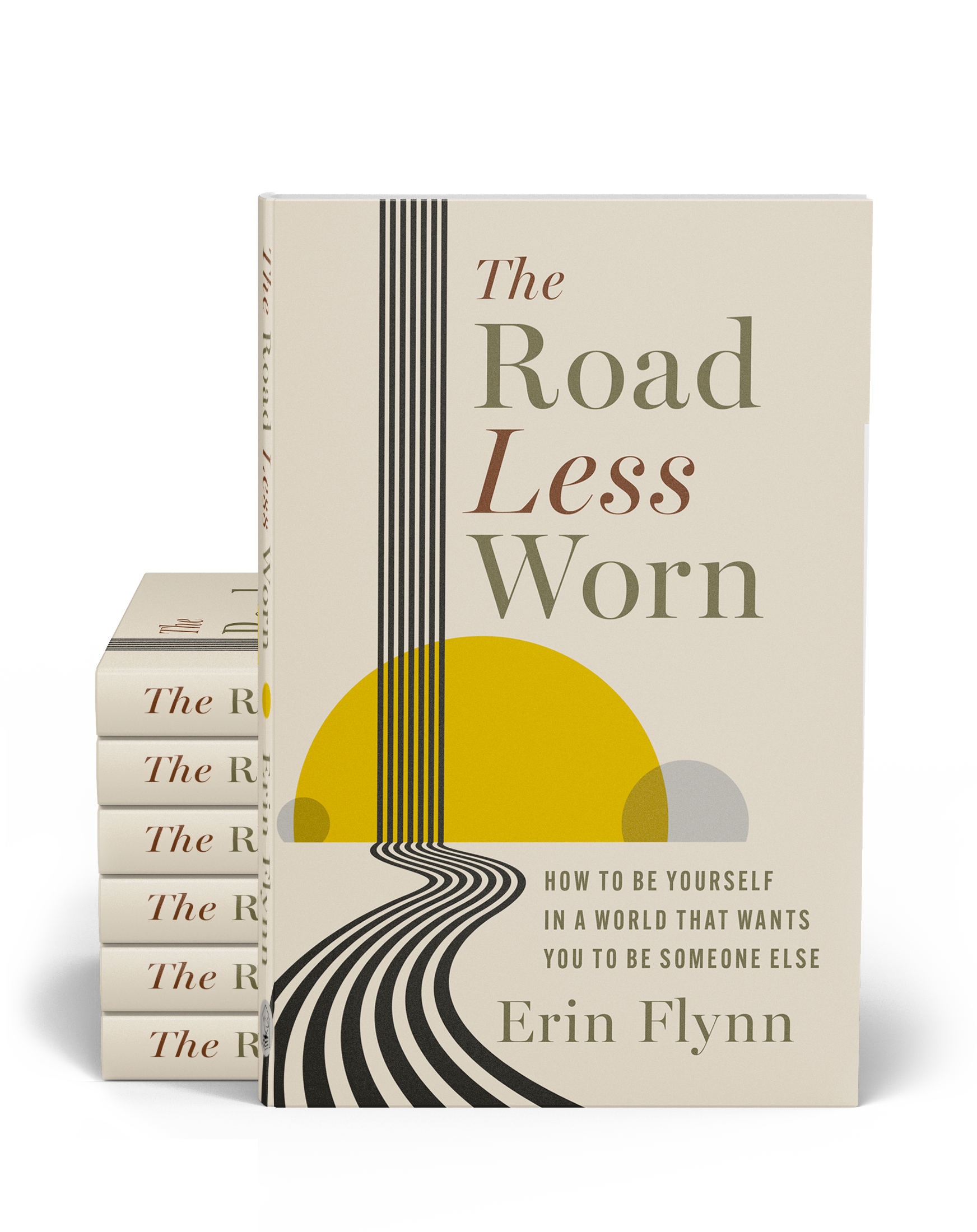 Cover of the book titled "The Road Less Worn" by Erin Flynn, featuring a minimalist design with black lines, a yellow semi-circle, and gray and brown accents.