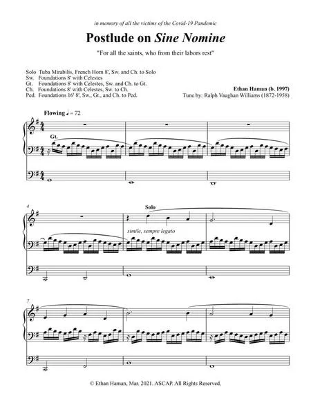 "Postlude on Sine Nomine" was originally improvised by Ethan Haman at Yale University's Woolsey Hall as the postlude for Marquand Chapel services in honor of All Saints' Day, November 1, 2020. Haman has now used the original recording to reconstruct