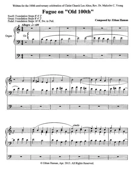 "Fugue on 'Old 100th'" is based on the famous hymn tune "Old 100th," usually associated with the lyrics: "Praise God From Whom All Blessings Flow" or "All People That on Earth do Dwell." Throughout the piece, the "Old 100th" tune is used as the fugue