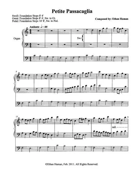 "Petite Passacaglia" is based on a repeating baseline in the pedal part, beginning with a sweet, simple melody in the hands. Throughout the piece, the melody increases in volume and complexity until the piece ends with a maestoso chordal section. The