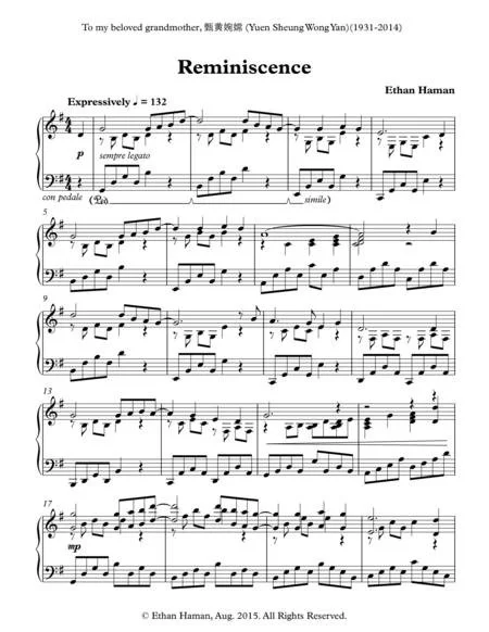 "Reminiscence" by Ethan Haman is a beautiful original composition based on a lovely melody that utilizes the Chinese pentatonic scale, giving it a distinct "east meets west" flavor. The piece starts with an expressive, flowing beginning, follows with