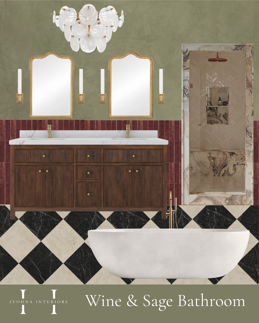Bathroom with checkered flooring limewash walls marble shower