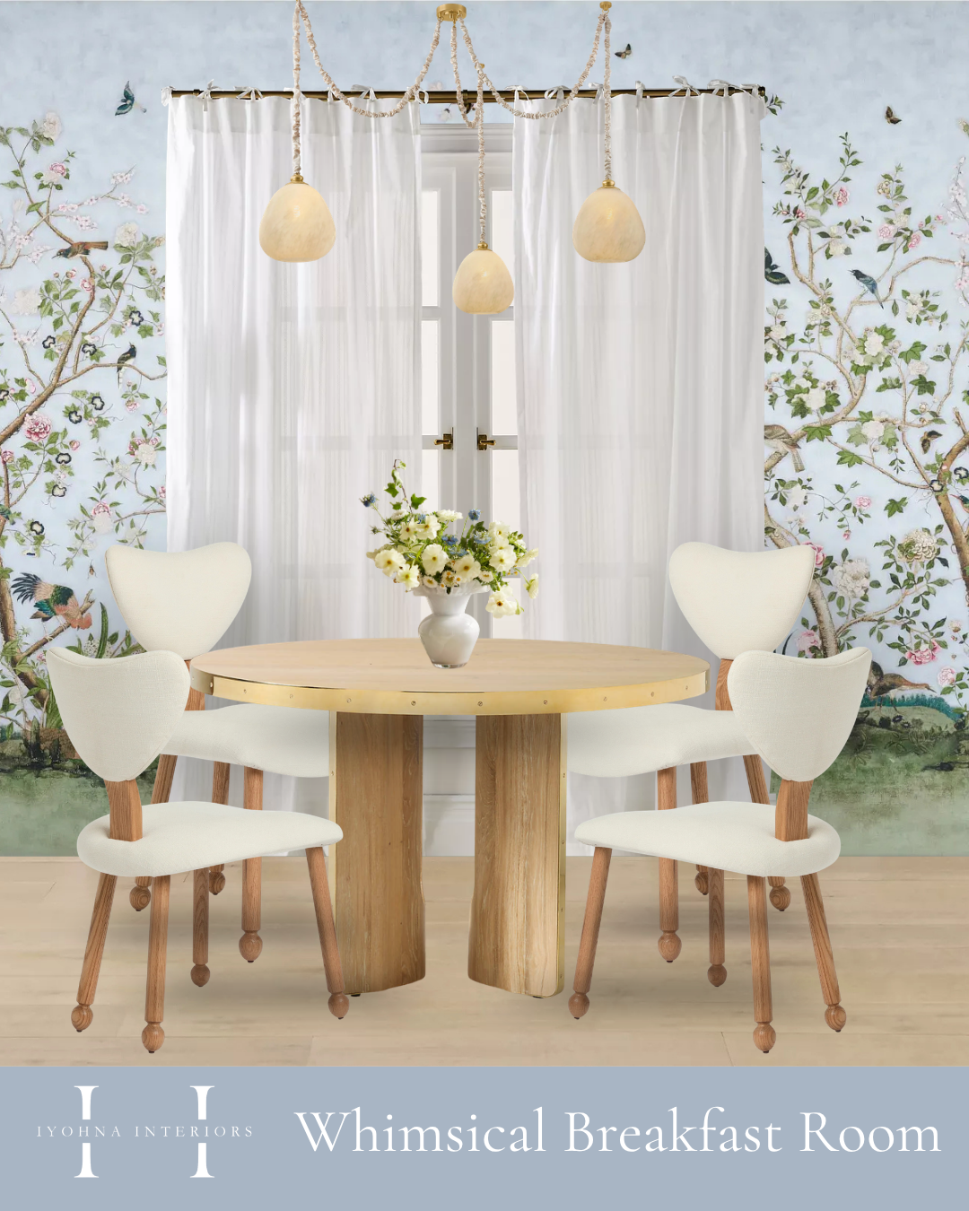 Modern dining room with a wooden table, four coral-colored chairs, a white sideboard with dark handles, a black bowl with oranges, an abstract green and beige painting, and a gold chandelier