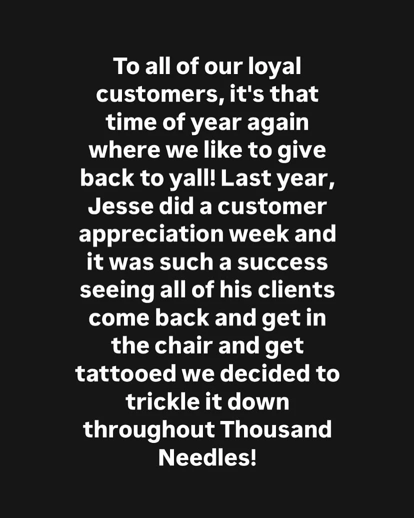 CUSTOMER APPRECIATION WEEK!

To all of our loyal customers, it&rsquo;s that time of year again where we like to give back to yall! Last year, Jesse did a customer appreciation week and it was such a success seeing all of his clients come back and get