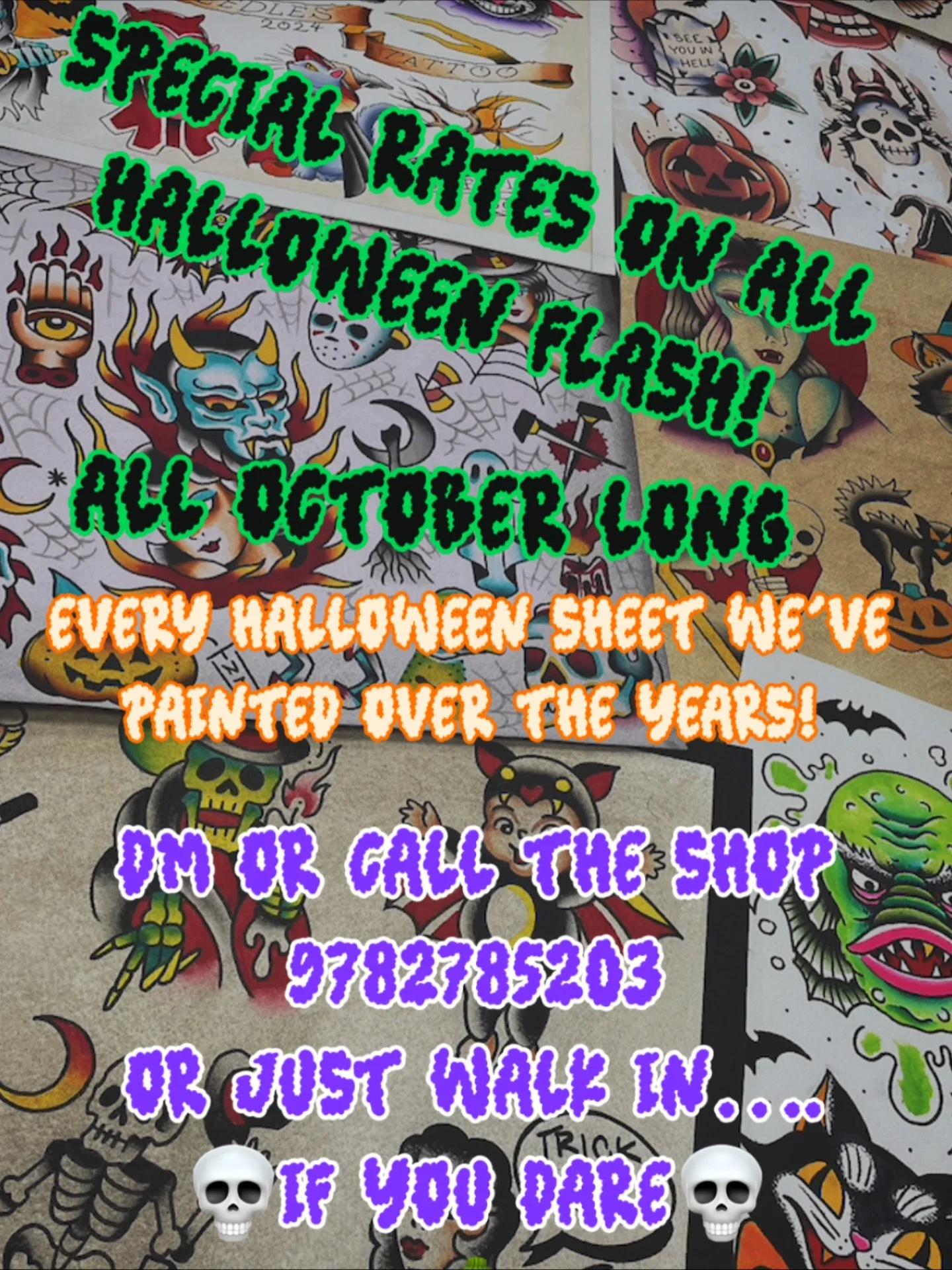 COME BY @thousandneedlestattoo TO CREEP ON SOME SPOOKY FLASH. ALL OCTOBER LONG🎃 DM FOR DETAILS. WALKINS ARE FIRST COME FIRST SERVED. OR CALL 9782785203 👻GET IN OR DIE TRYING. 
.
.
.
.
#salemma #halloween2025 #hauntedhappenings #salemtattoo #hallowe