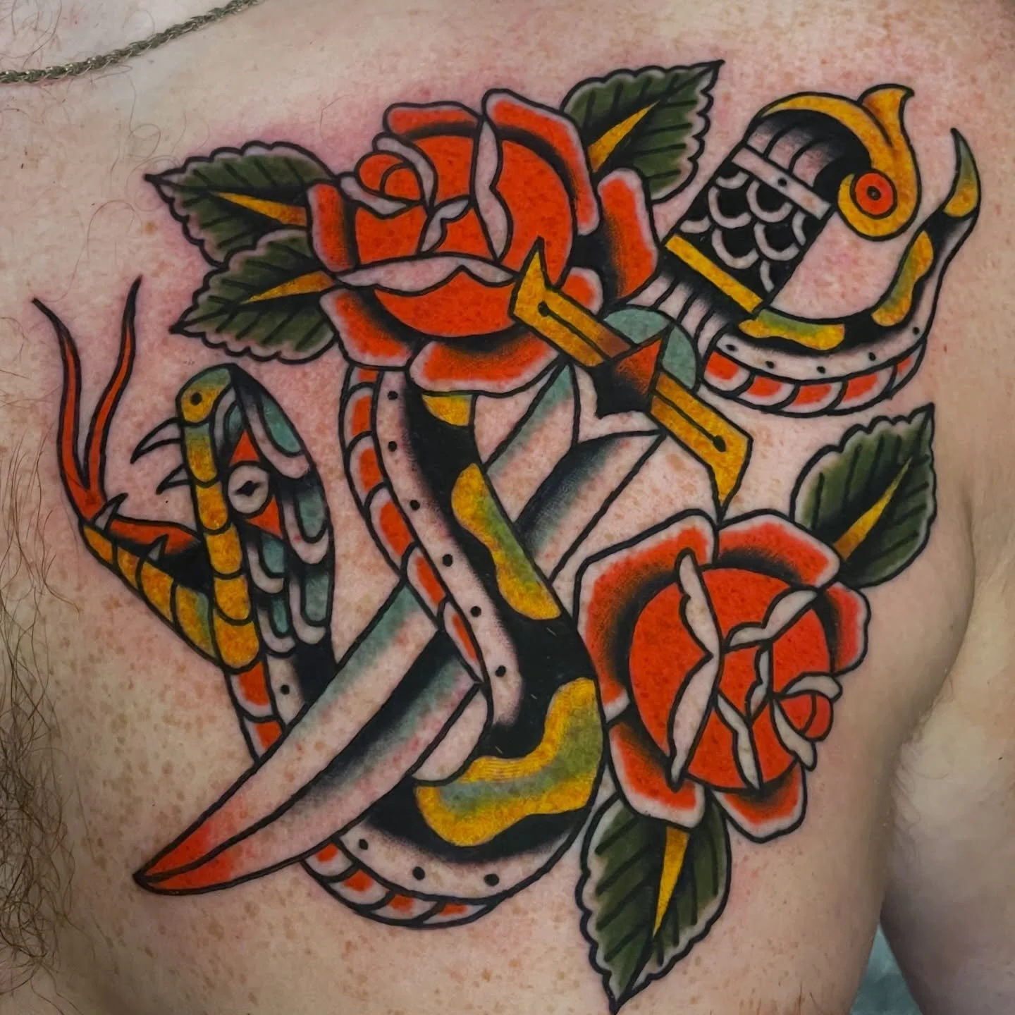 Thanks for the trust Mike! First day @northstreetsalem He walked in and said he wanted a snake-rose-dagger chest panel. The next day we had an appointment and by lunch he was sporting a this bad boy drawn custom for him. BE LIKE MIKE. I make time for
