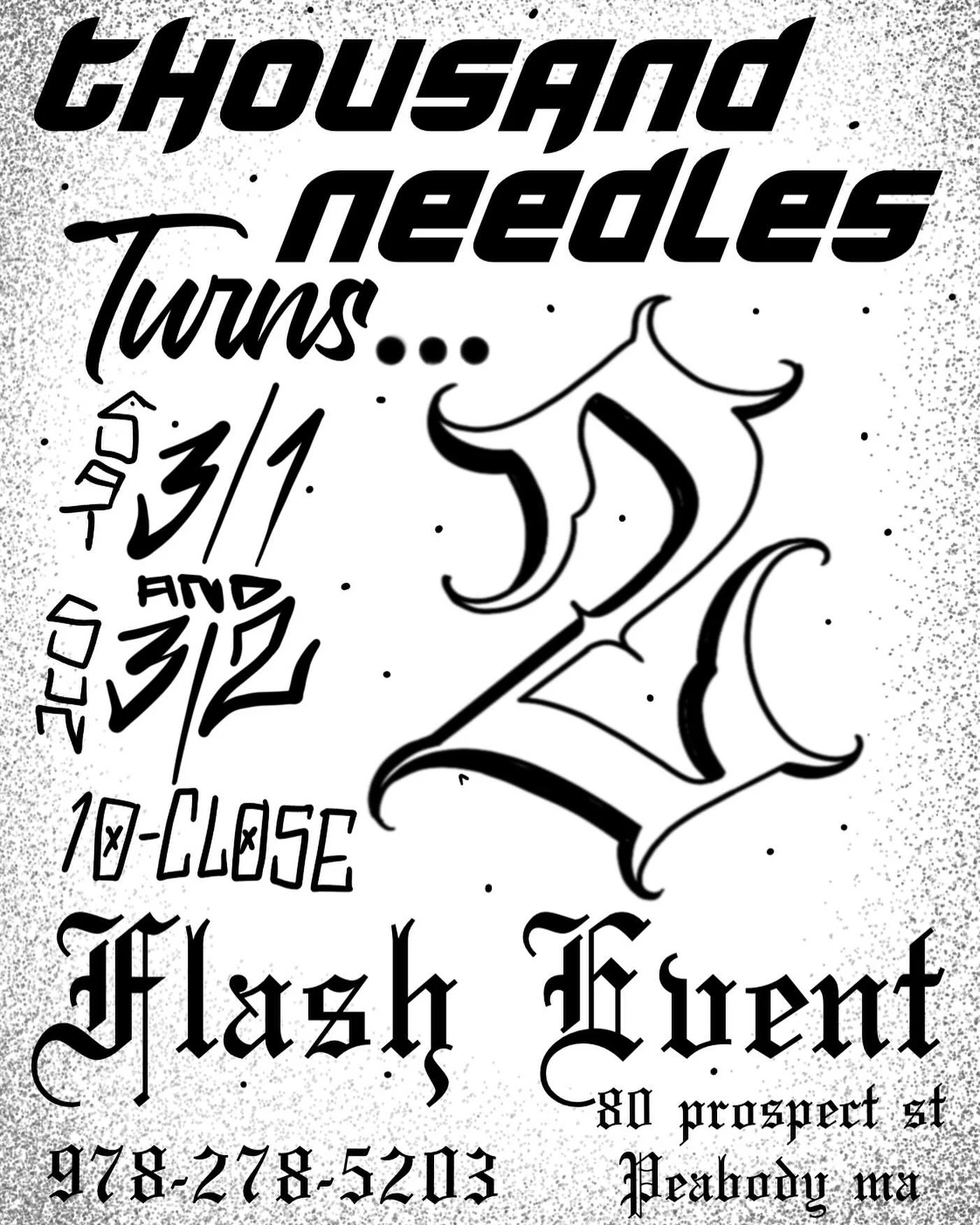 Come celebrate our 2 year anniversary with us with a weekend flash event! 

Sat 3/1 and Sun 3/2 from 10am- whenever we close up! These are always a blast! Tons of flash and designs to choose from and we&rsquo;ll have snack for while you wait!