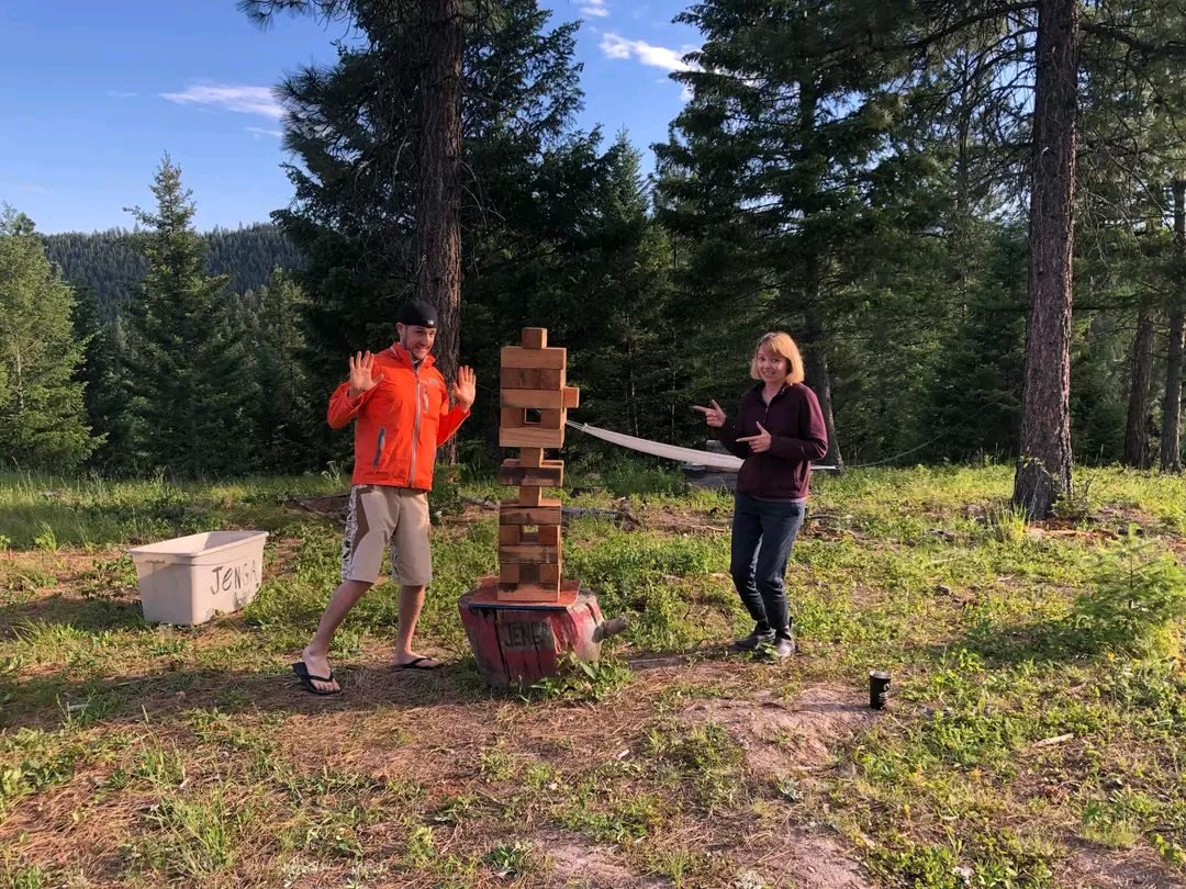 Let's play giant sized jenga! at The Hohnstead Glamping Cabins Resort near Missoula, Montana