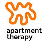 Logo with orange abstract shape and black text that reads 'apartment therapy'