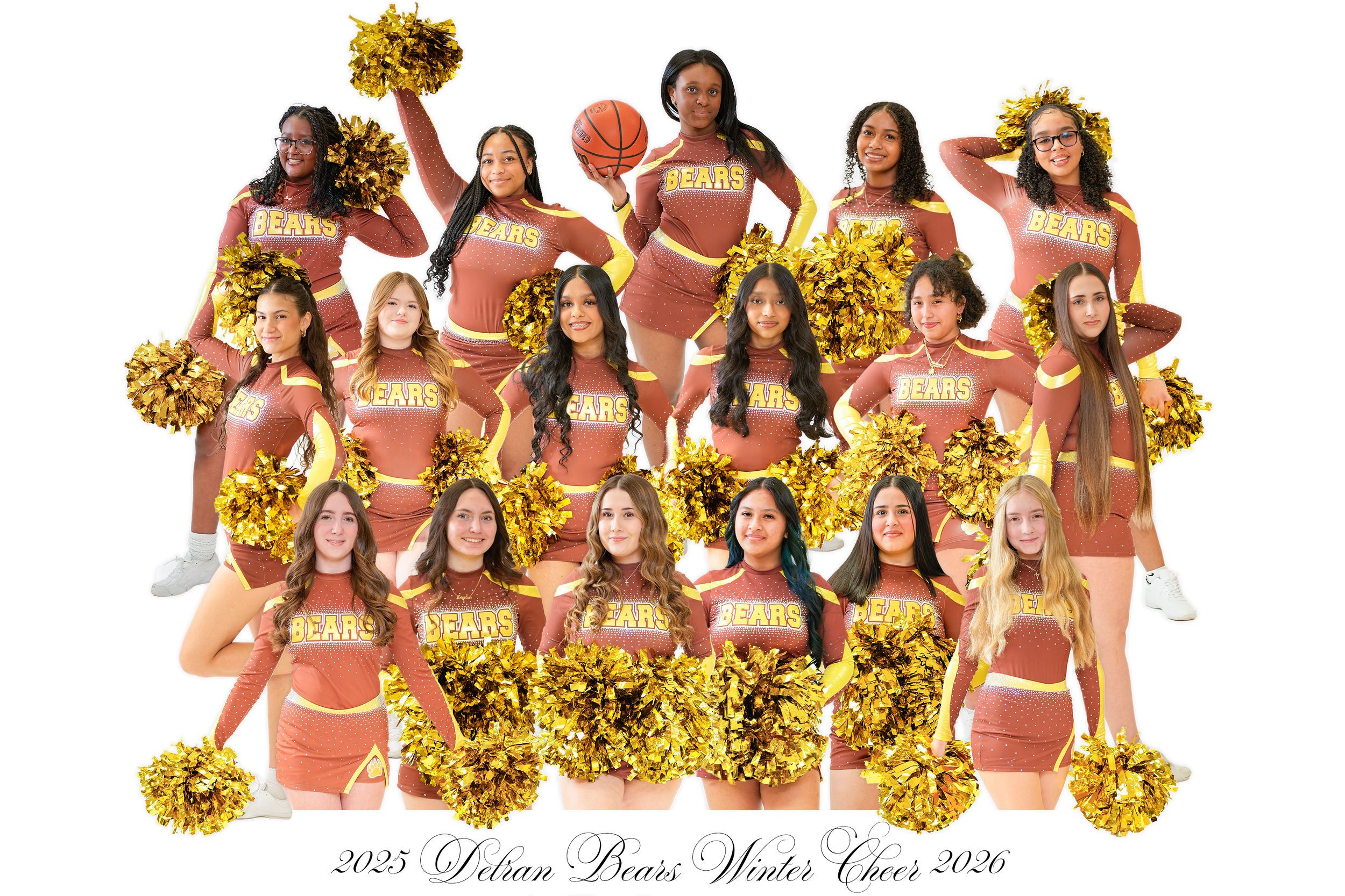 Group of young cheerleaders in brown and yellow uniforms holding gold pom-poms, posing with a basketball, against a white background. The text at the bottom reads '2025 Detran Bears Winter Cheer 2026'.