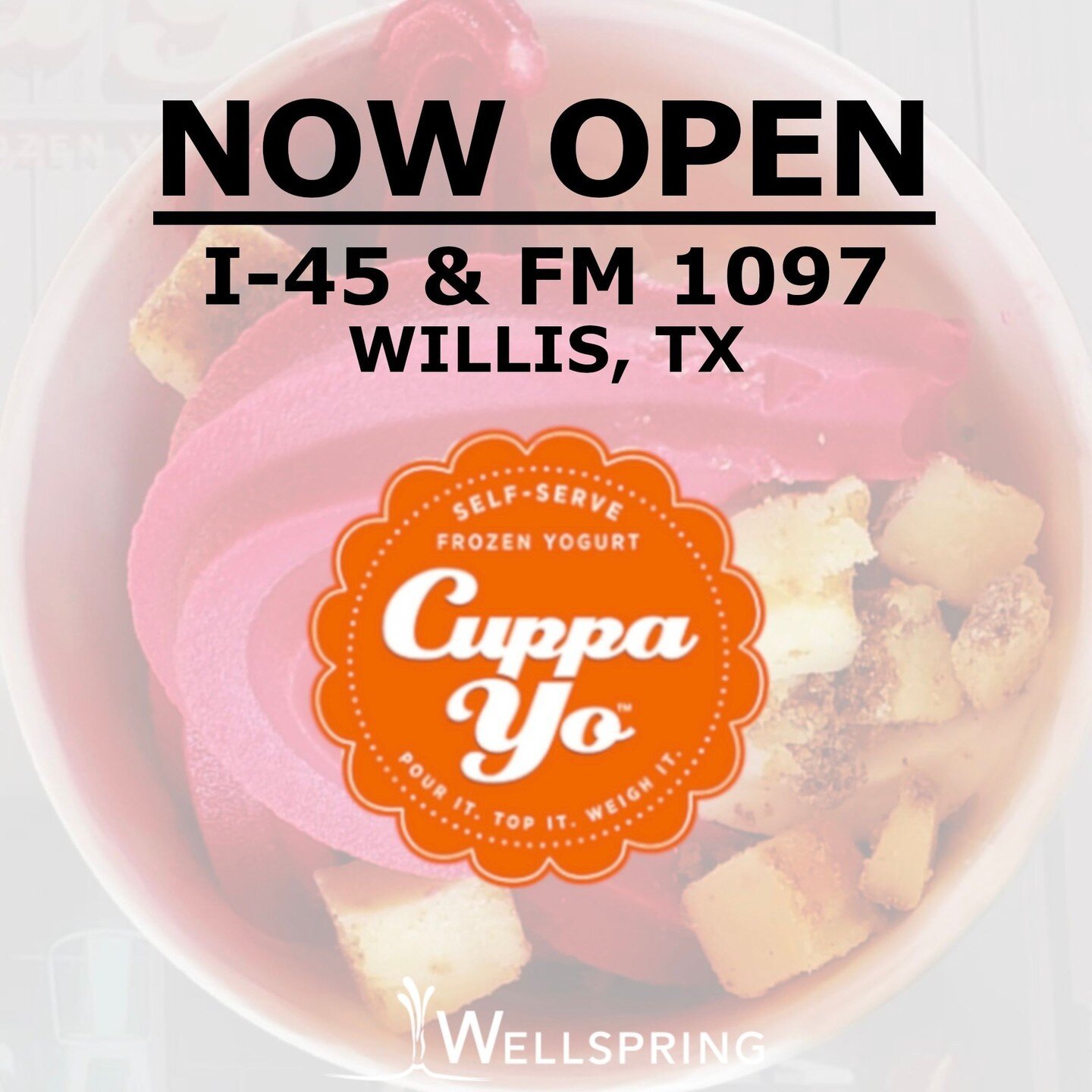 We all crave dessert, so why not make it healthy? Cuppa Yo is open in Willis, TX!

#wellspringcre #cre #retail #tenantrep #cuppayo #yummy #froyo #nowopen