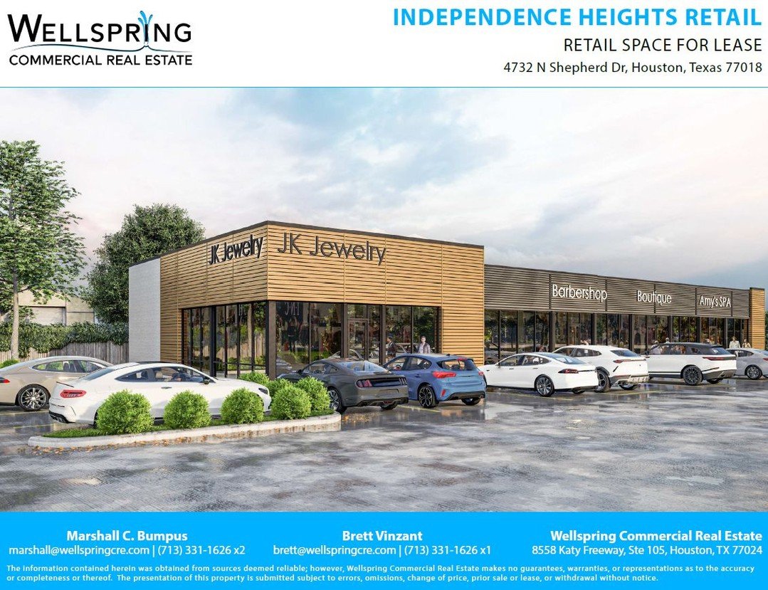 ‼️N SHEPHERD FOR LEASE‼️

New Redevelopment Retail Available

&bull; 4732 N Shepherd Dr, Houston, Texas 77018
&bull; +/- 6,803 SF (Divisible)
&bull; 40 On-Site Parking Spaces
&bull; Cold Dark Shell Delivery (TI Available)

📞 (713) 331-1626
📧 info@w