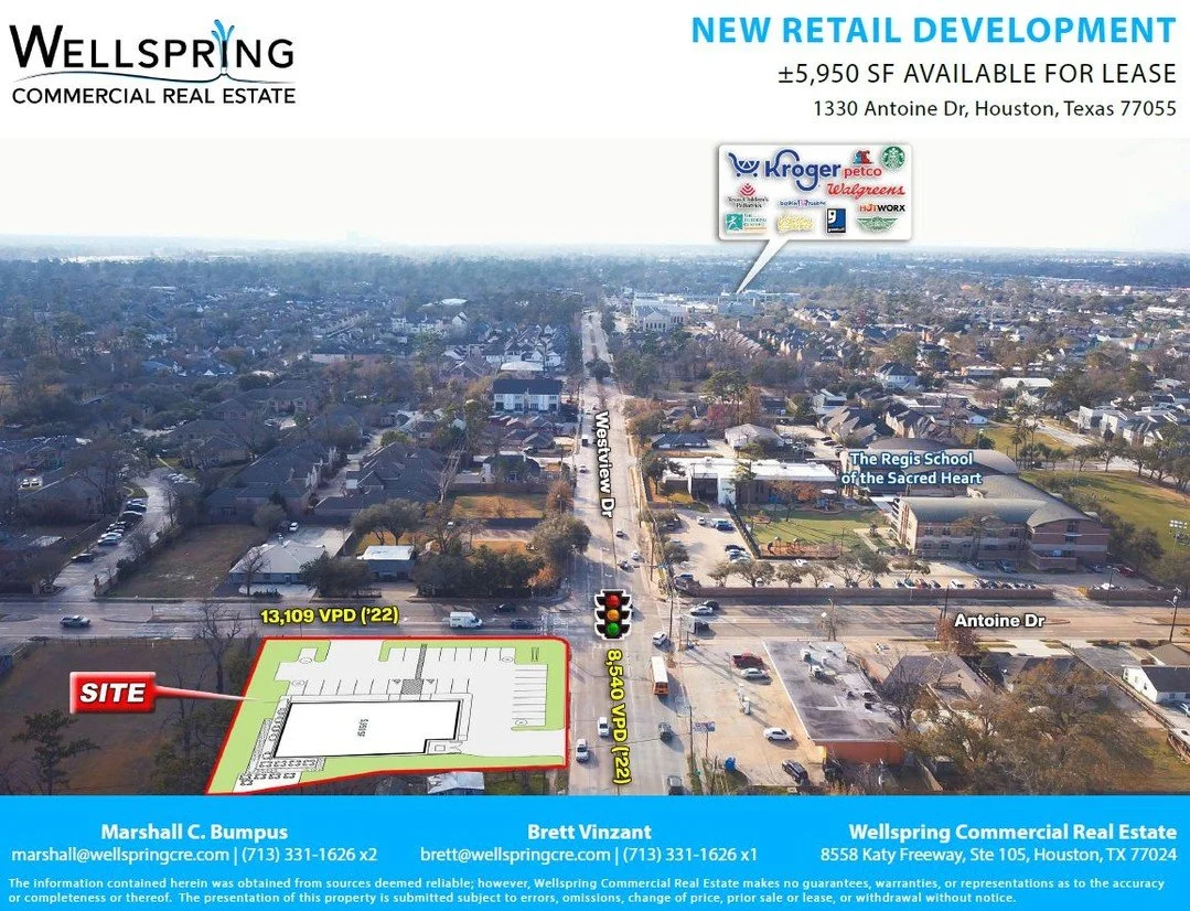‼️SPRING BRANCH FOR LEASE‼️

New Development Coming Soon

&bull; 1330 Antoine Dr, Houston, Texas 77055
&bull; +/- 5,950 SF (Divisible)
&bull; 28 On-Site Parking Spaces
&bull; Cold Dark Shell Delivery (TI Available)

📞 (713) 331-1626
📧 info@wellspri