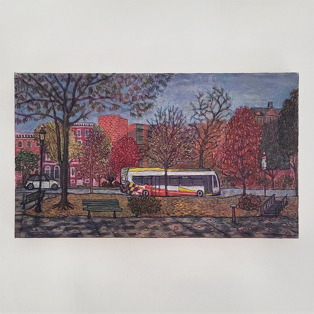 The last Citylink Yellow through Eutaw, 2025. acrylic on canvas — 16x28in