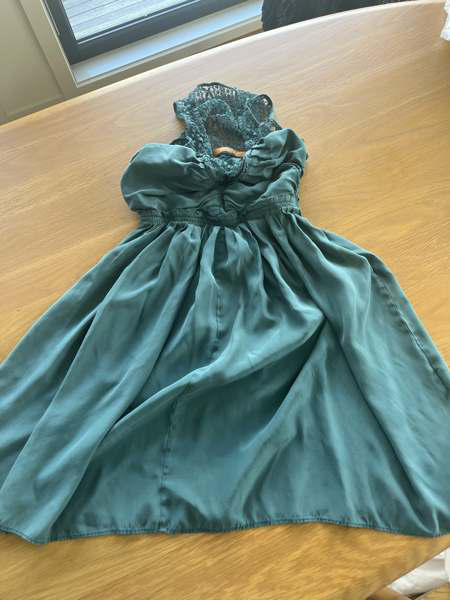 Thurley - teal silk dress with crochet lace halter yoke