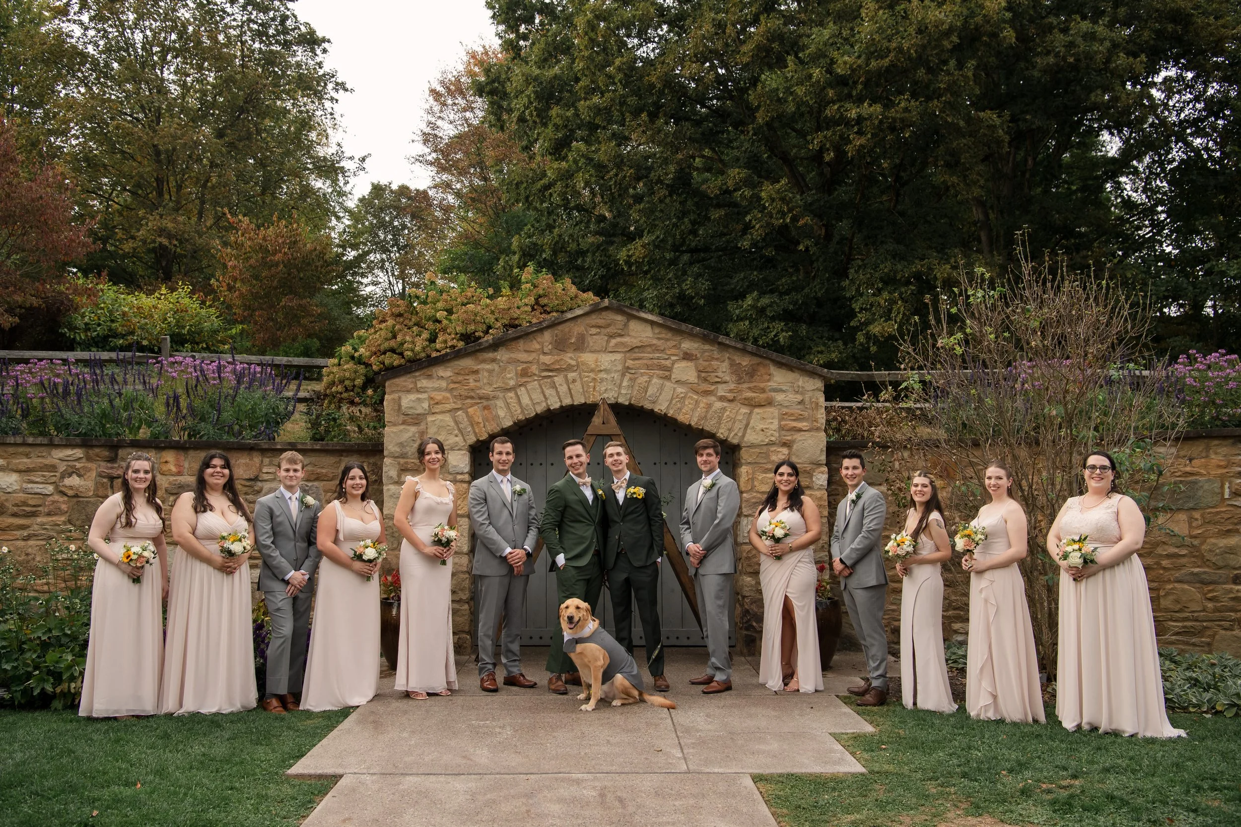 Group wedding photo of bride, groom, bridesmaids, groomsmen, and a service dog outdoors in front of a stone wall and garden.