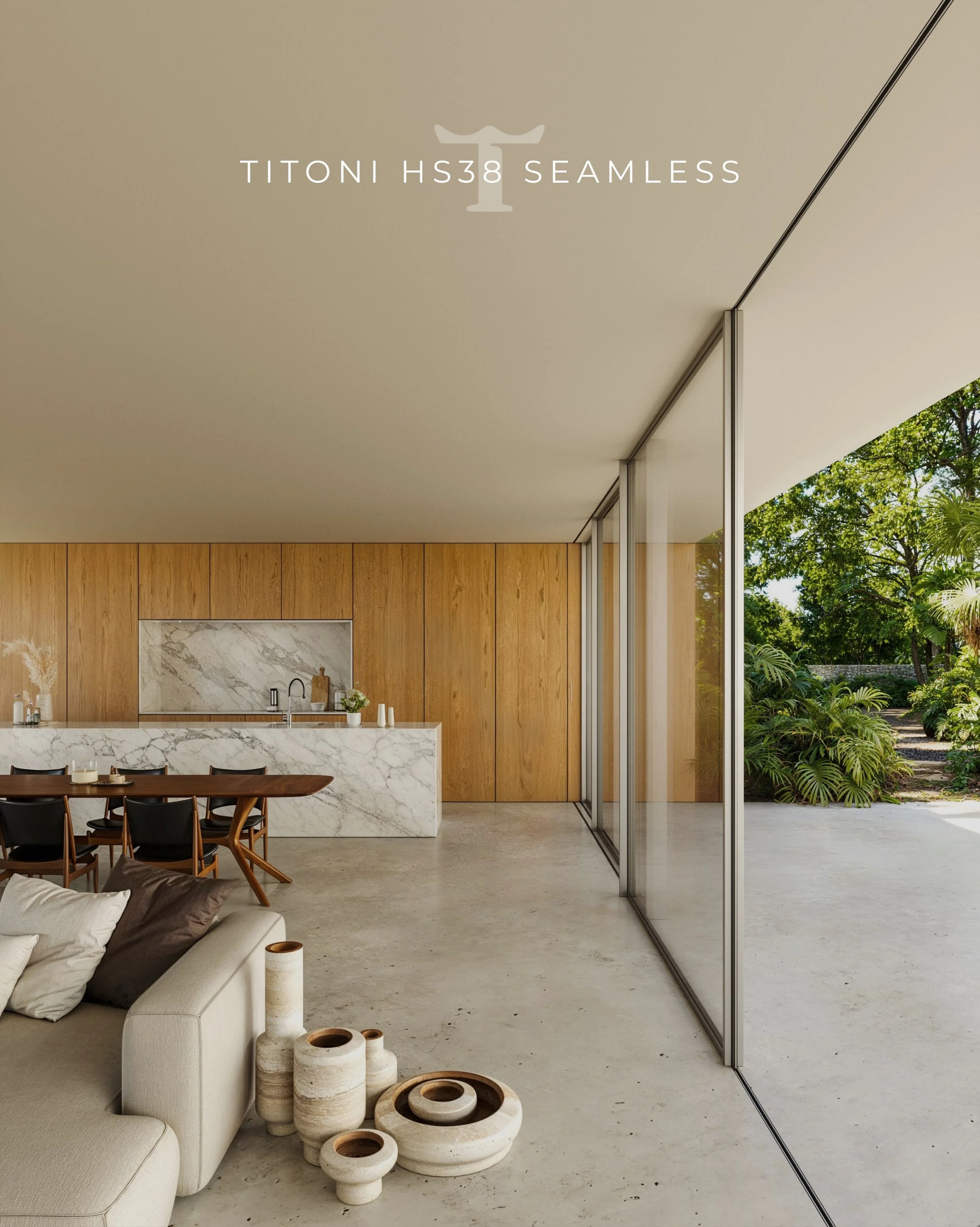 THE FIRST OF ITS KIND AND RAISING THE BAR FOR HURRICANE MARKETS.

At a certified water pressure of 10.65 PSF, the TITONI HS38 SEAMLESS set the standard for Miami-Dade hurricane testing and redefined the category of invisible flush-track doors. Its hi