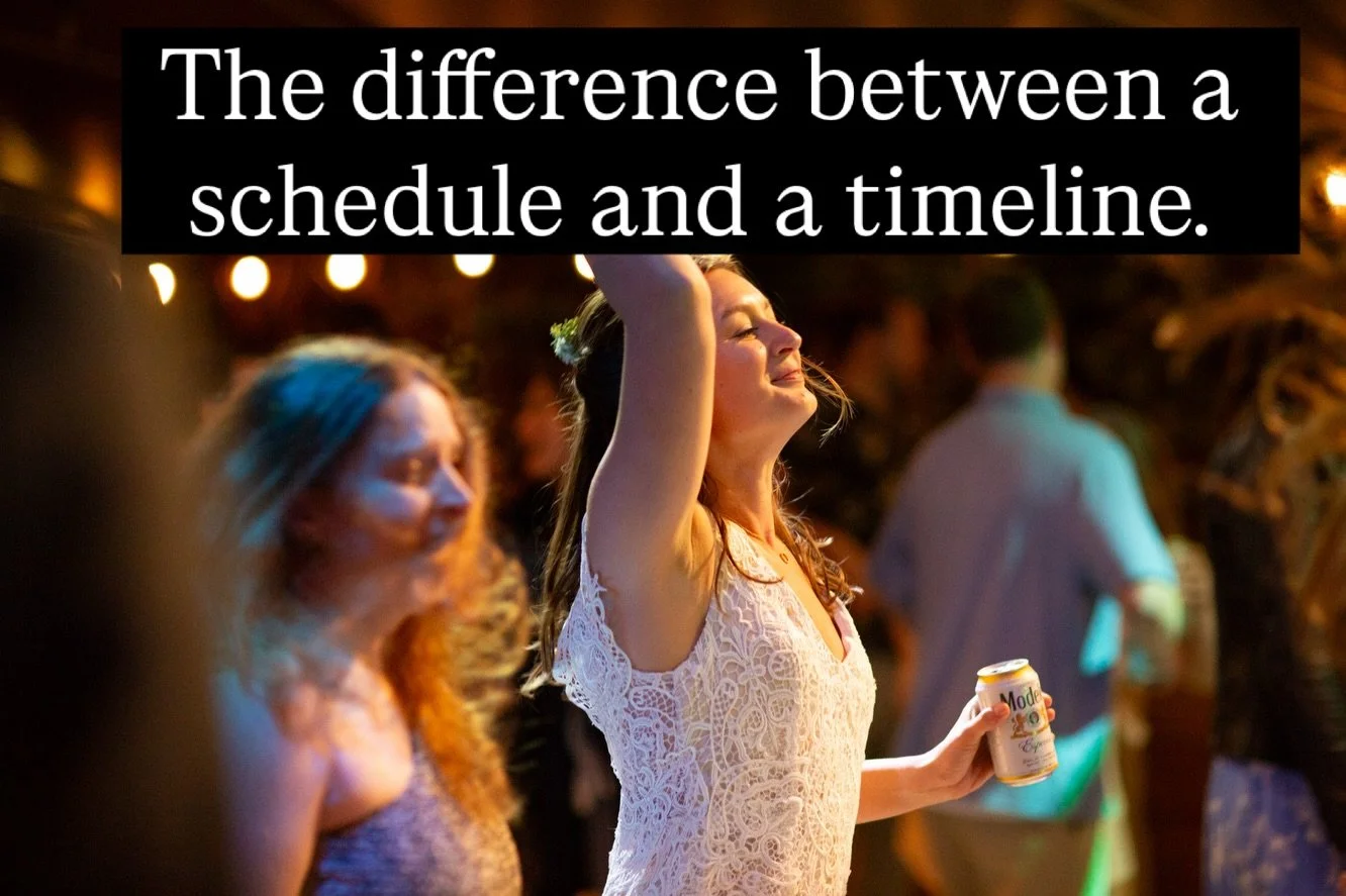 Here&rsquo;s something most couples don&rsquo;t realize:
A schedule and a wedding timeline are NOT the same thing.
A schedule tells your vendors:
&ldquo;Be here at 2:00.&rdquo;
&ldquo;Set up at 3:00.&rdquo;
&ldquo;Ceremony starts at 5:00.&rdquo;
That