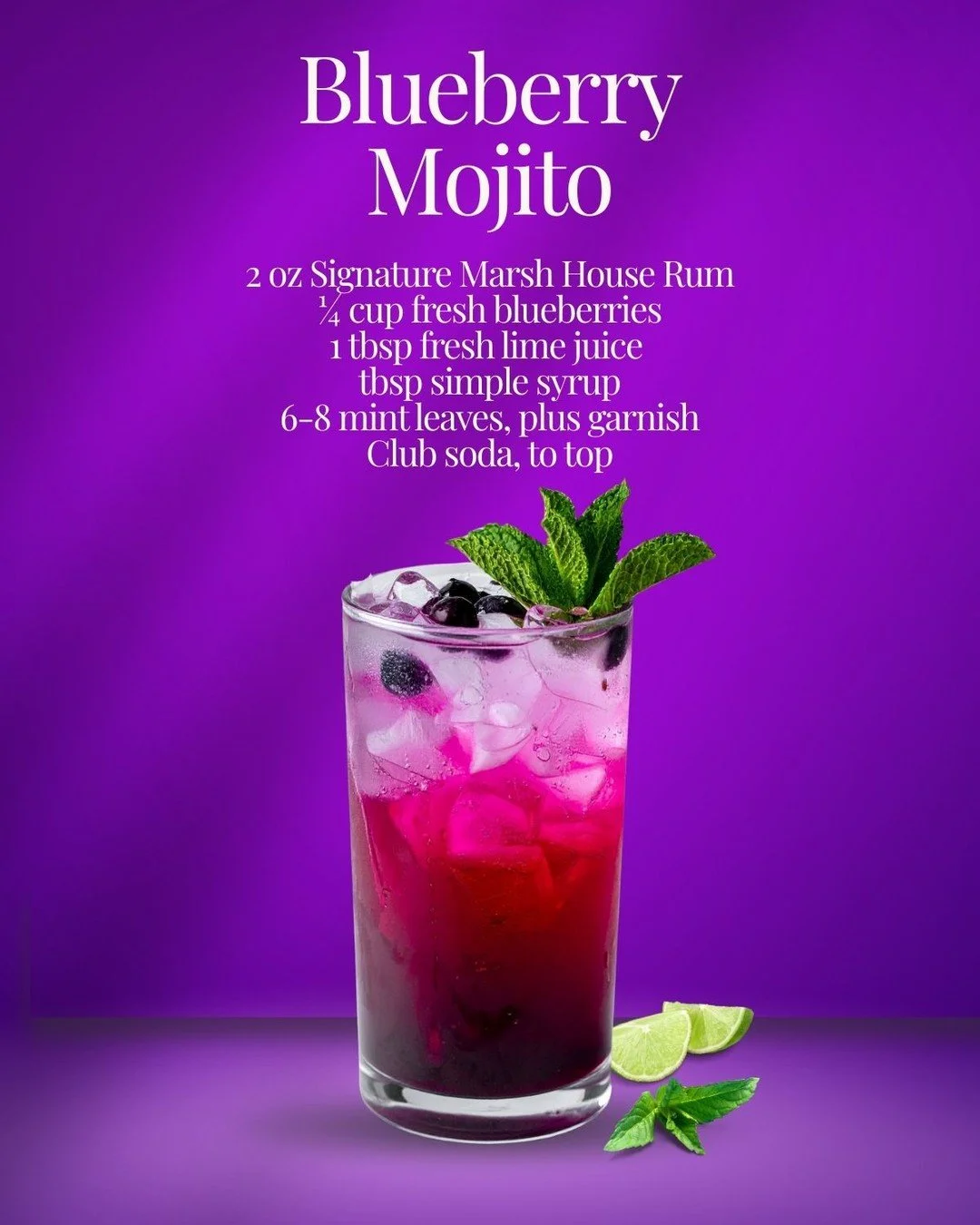 Perfect for Mardi Gras season, or just about any season 🫐 

Blueberry Mojito:

2 oz Signature Marsh House rum
1/2 c fresh blueberries 
1 tbsp fresh lime juice
1 tbsp simple syrup
6-8 mint leaves (plus a sprig for garnish)
Club soda to top 

Myddle b