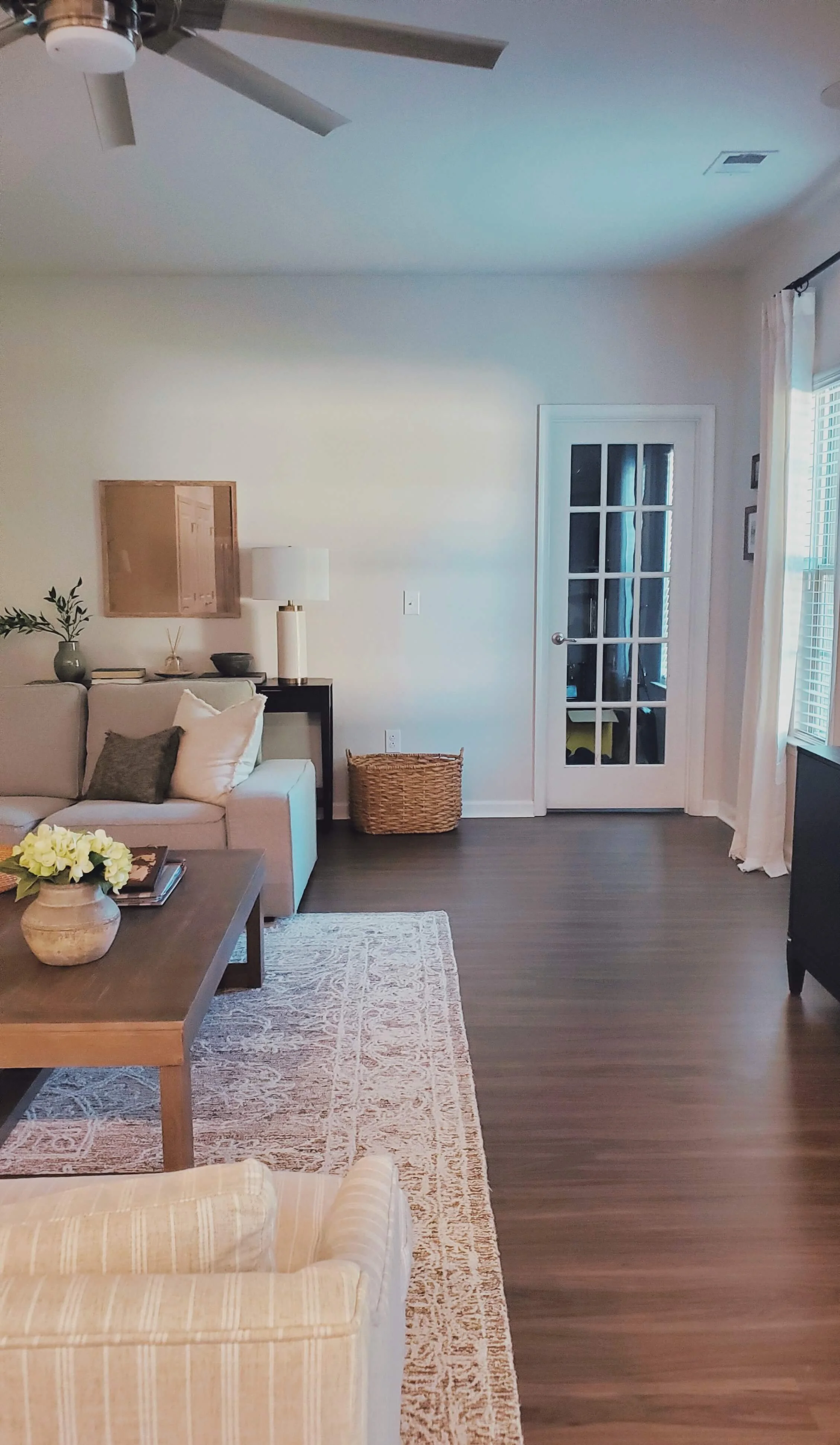 Warm neutral living room, grey sofa, wood tones, french doors, woven basket.jpg