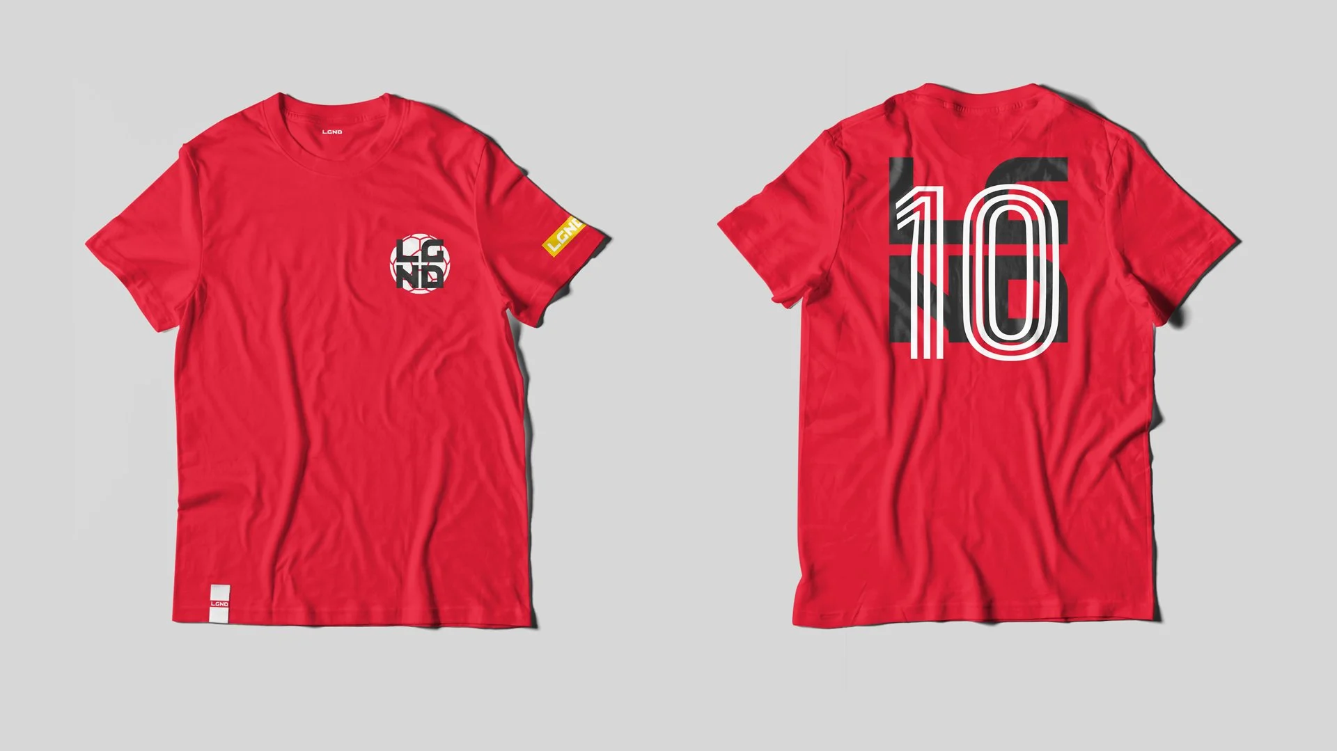 Red sports T-shirt with black and white graphic design, front and back views. The front has a circular logo with the text 'LGND' and a yellow stripe on the sleeve, while the back features the number 10 in large, bold, striped font.