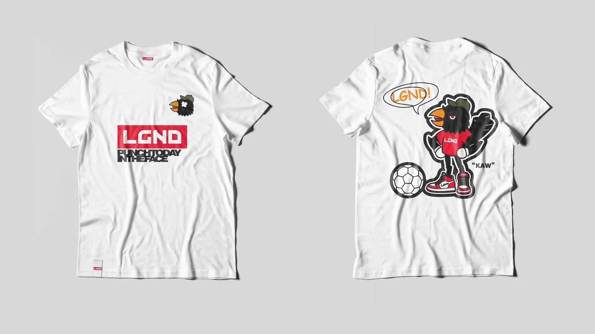 Two white T-shirts featuring cartoon-style black bird mascots with red, black, and white design elements. The front of the left T-shirt has a small bird head graphic and a large red rectangle with the text 'LGND' and smaller black text beneath. The b