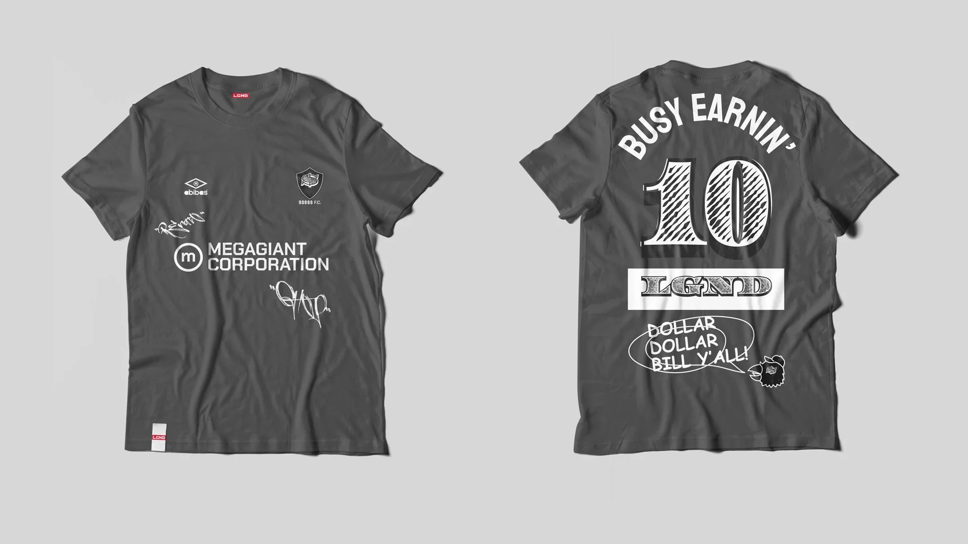 Gray T-shirt featuring various logos, signatures, and text, including 'Megagiant Corporation,' 'LGND,' and 'Dollar Dollar Bill Y'all' with a cartoon face, viewed from both the front and back.