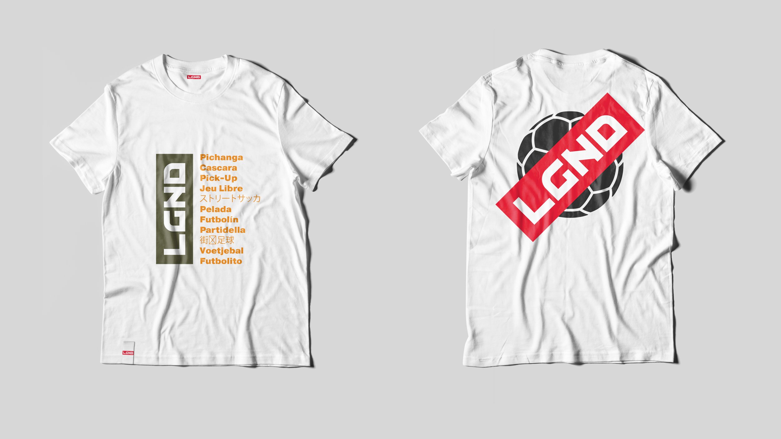 Two white T-shirts displayed flat. The T-shirt on the left has a vertical olive green rectangle with the word 'LGND' in white letters. To the right, there are list items in orange text, including words like 'Pichanga,' 'Cascara,' 'Pick-Up,' and other