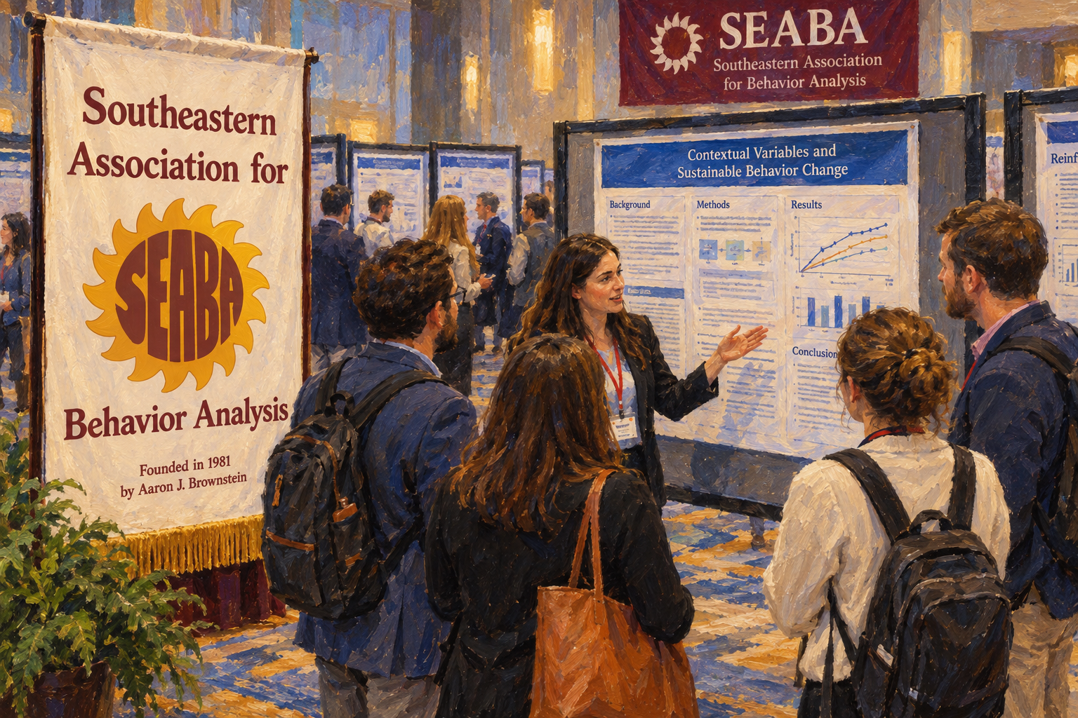 A painting-style image of researchers looking at a poster at a conference
