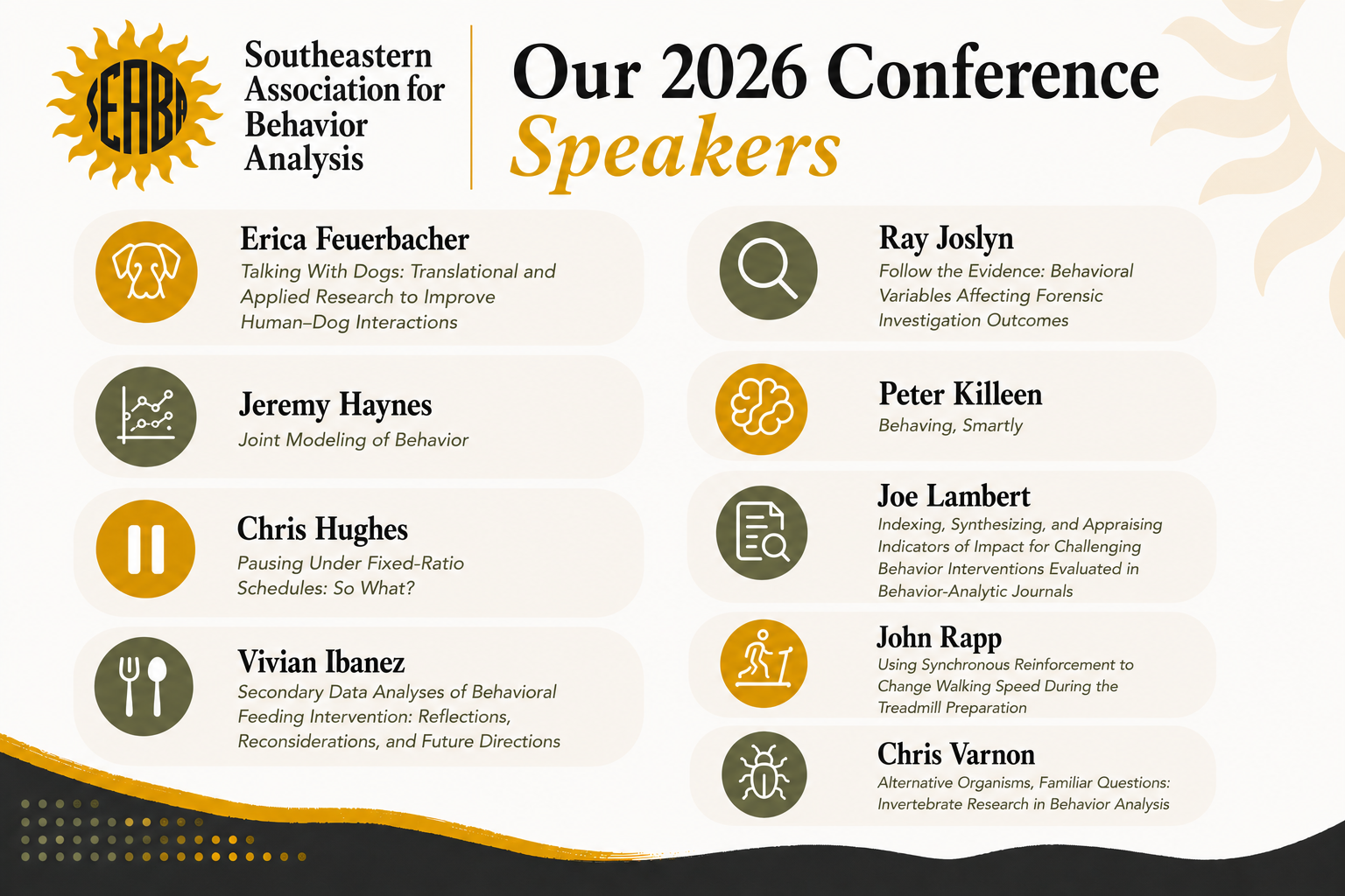 2026 Speakers: Erica Feuerbacher, Jeremy Haynes, Chris Hughes, Vivian Ibanez, Ray Joslyn, Peter Killeen, Joe Lambert, John Rapp, Chris Varnon.