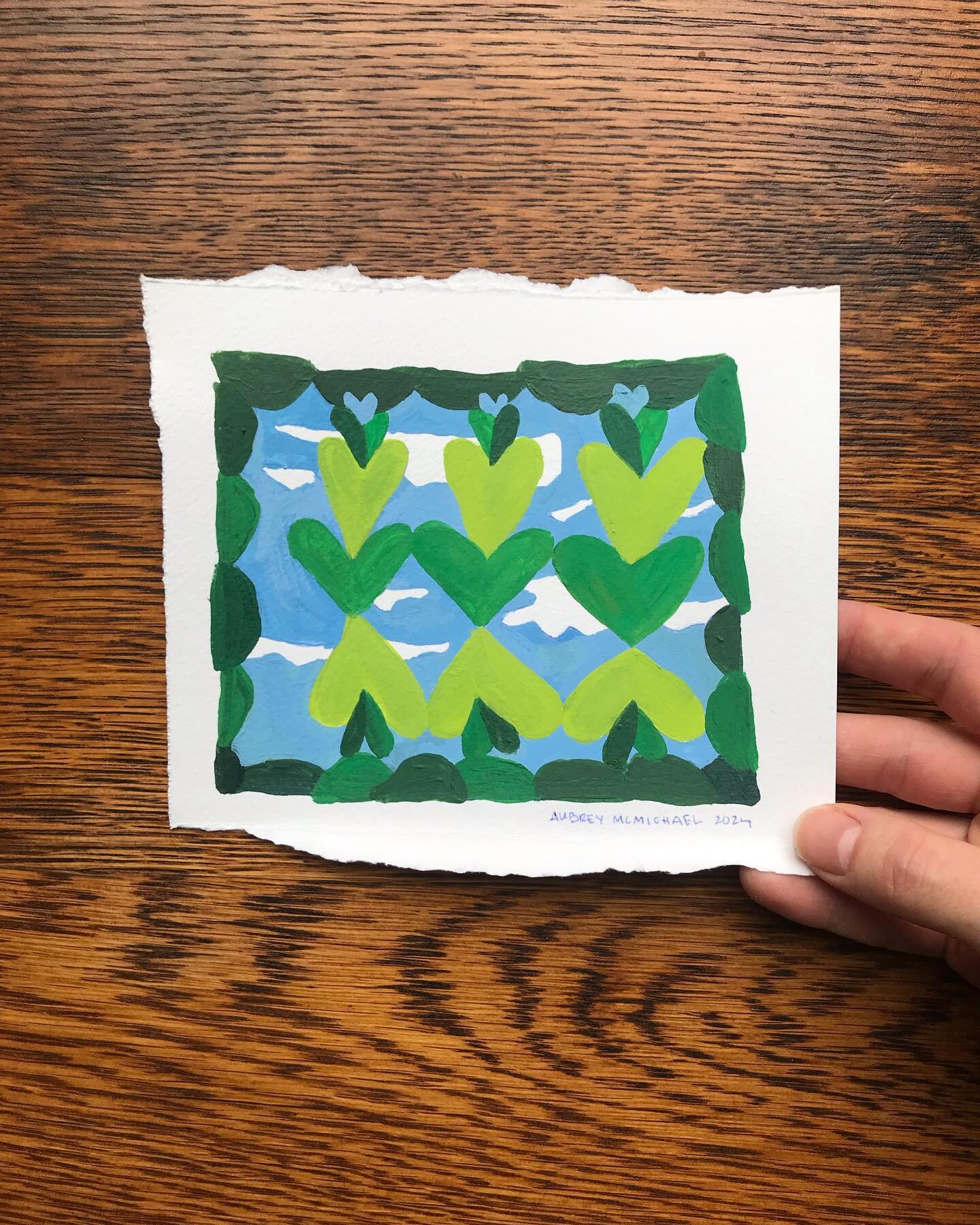 Looking through heart patterns to see the clouds ✨💙💚☁️☀️ Mini painting made with acrylic on paper. Approx 4x6&rdquo;.

#smallartist #cloudpaintings #heartpaintings #acrylicpaintings #seattleartists #aubreydraws #smallpainting #colorfulartwork #make