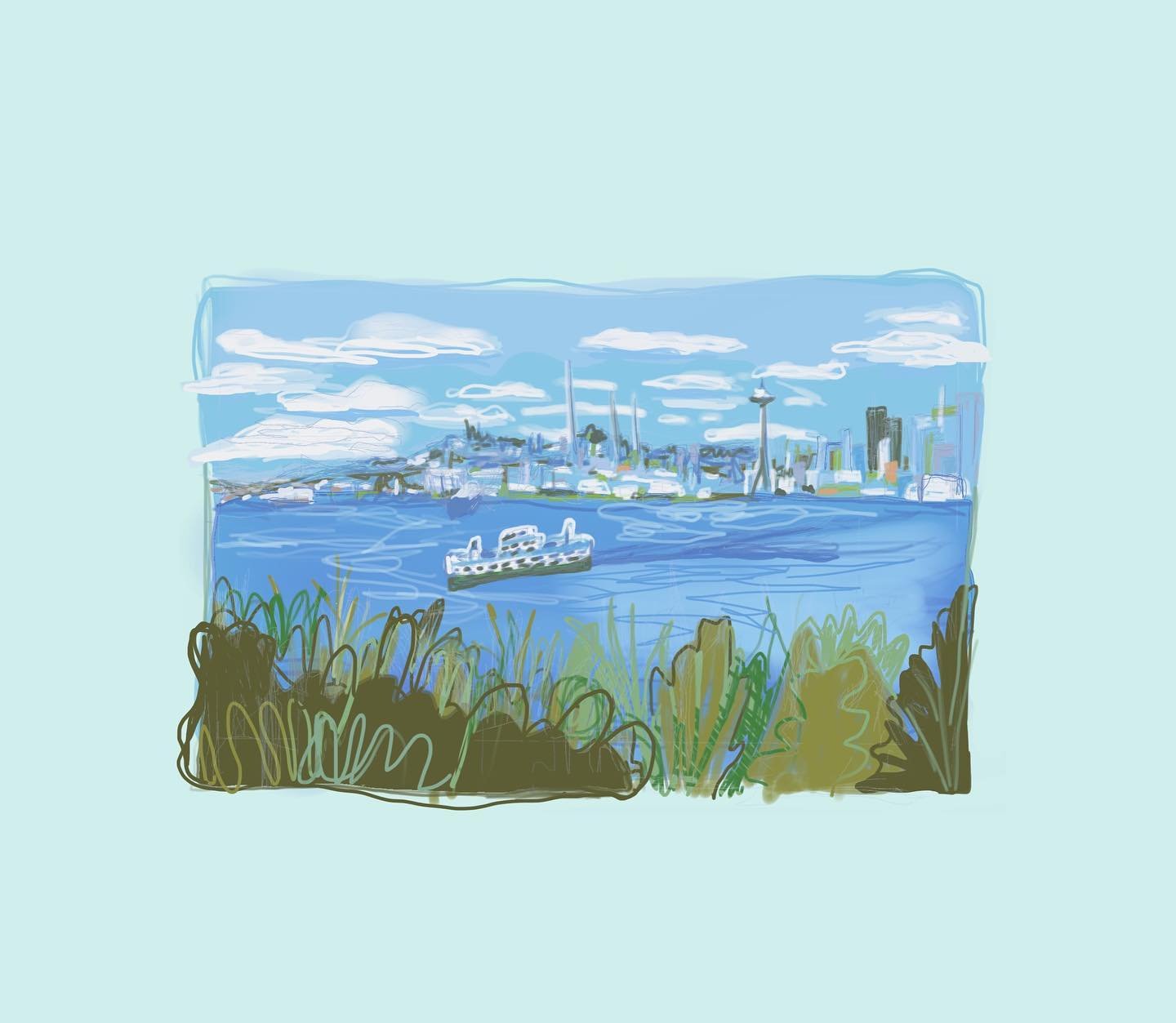 Afternoon At Hamilton Viewpoint. Spring 2024.  Digital illustration. 

I recently enjoyed some gorgeous views Hamilton Viewpoint Park in West Seattle, WA. I watched the ferries and shipping boats float by for a while and enjoyed the skyline. ✨🌲🏙☁️⛴