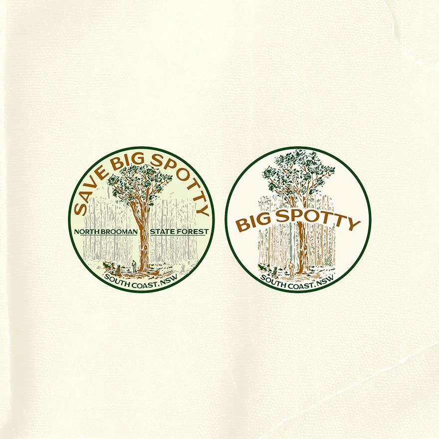 Two circular Big Spotty and Save Big Spotty logos featuring a spotted gum tree and South Coast, NSW text.