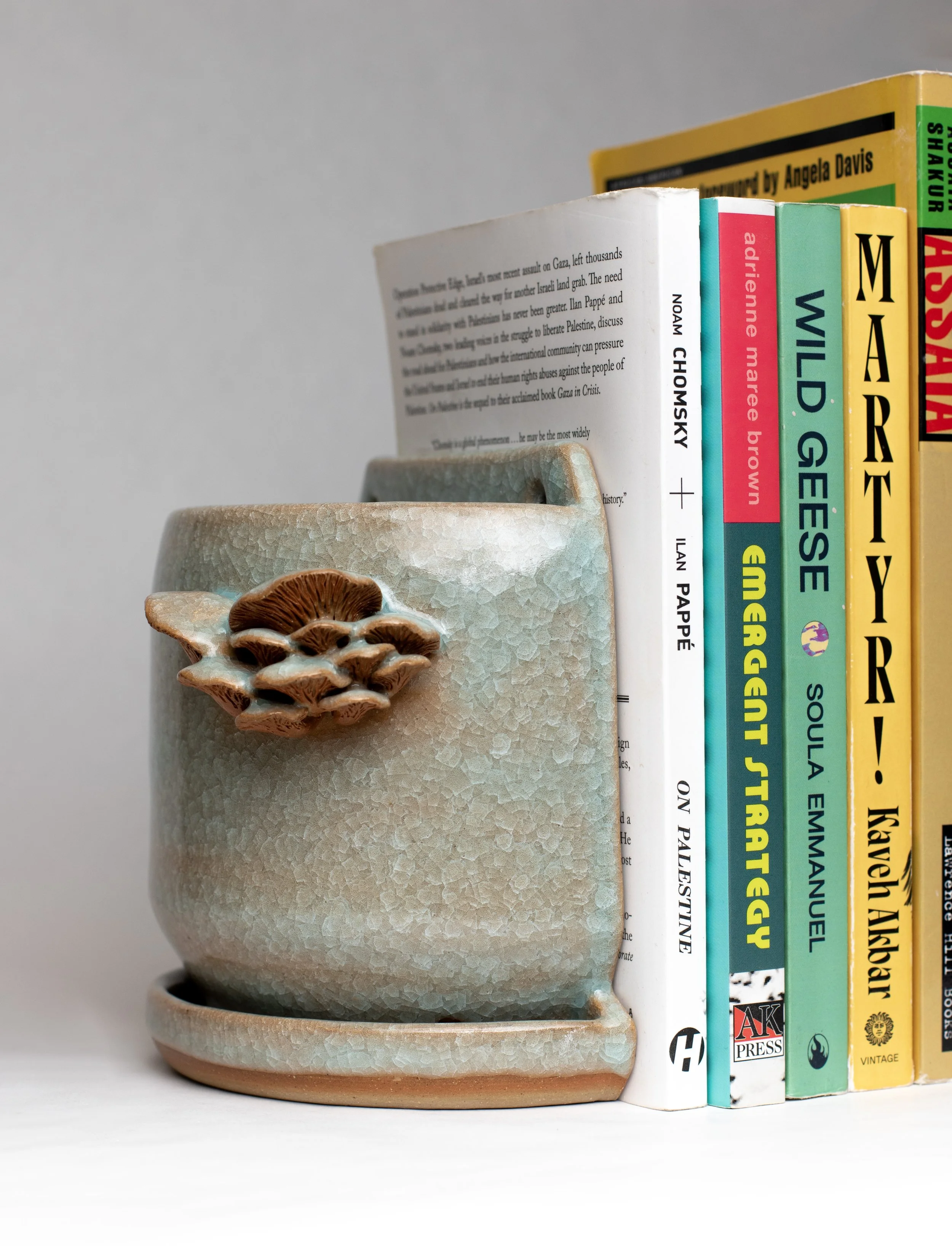 Blue Crackle Mushroom Book End Planter