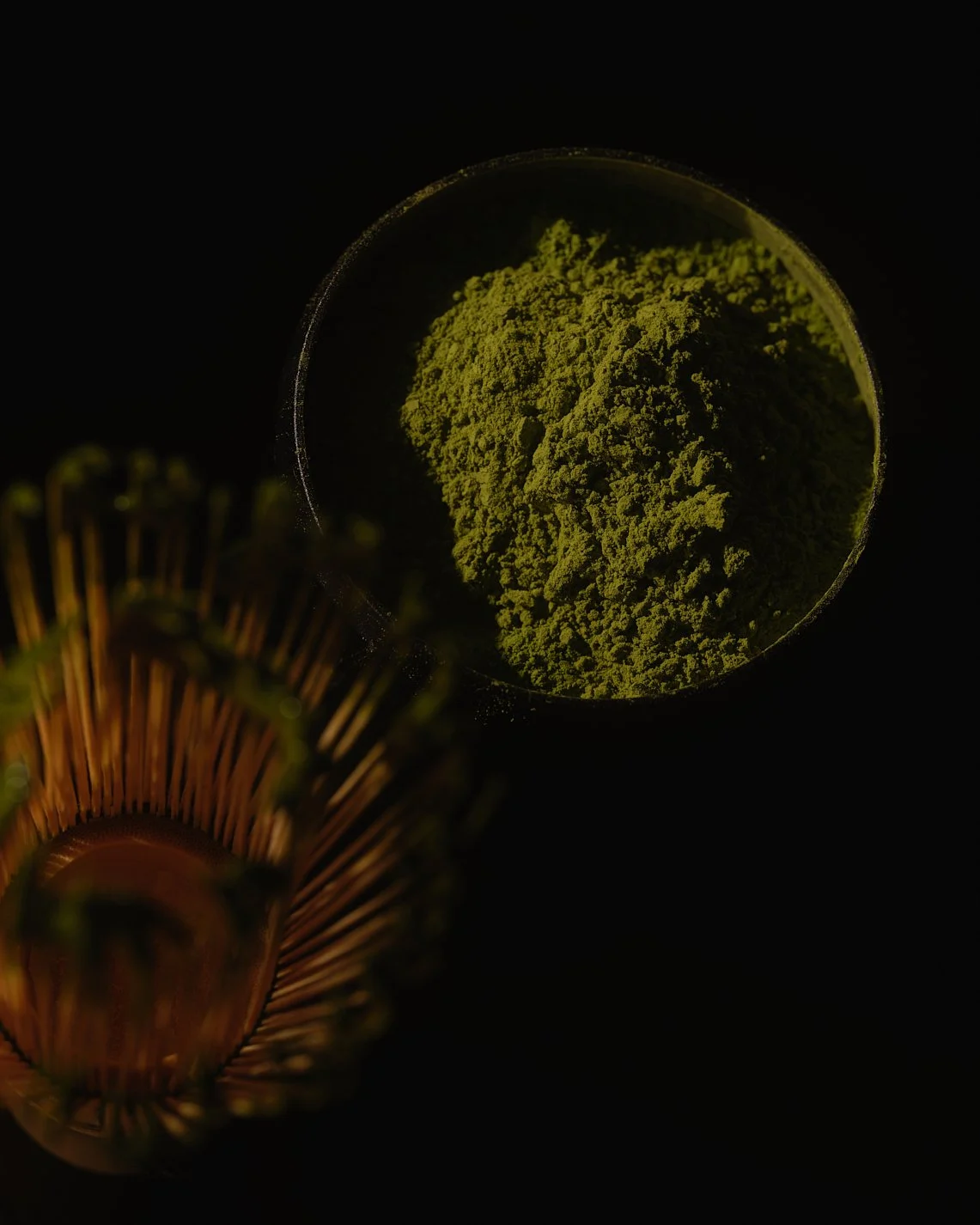 Green powder in a clear container and a section of a brush or spore in the foreground, set against a black background.