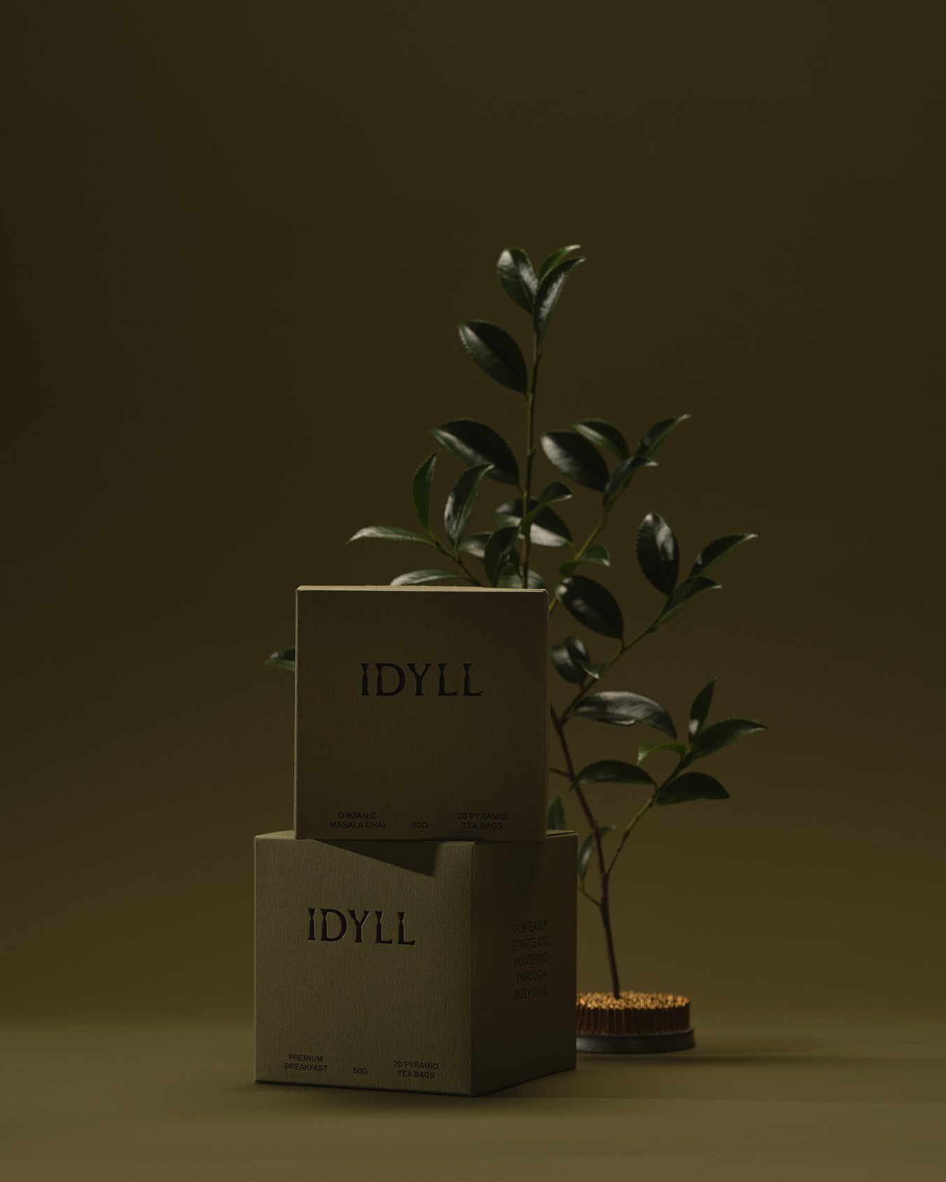 Boxes of IDYLL tea stacked with a green leafy plant behind them, against a dark background.