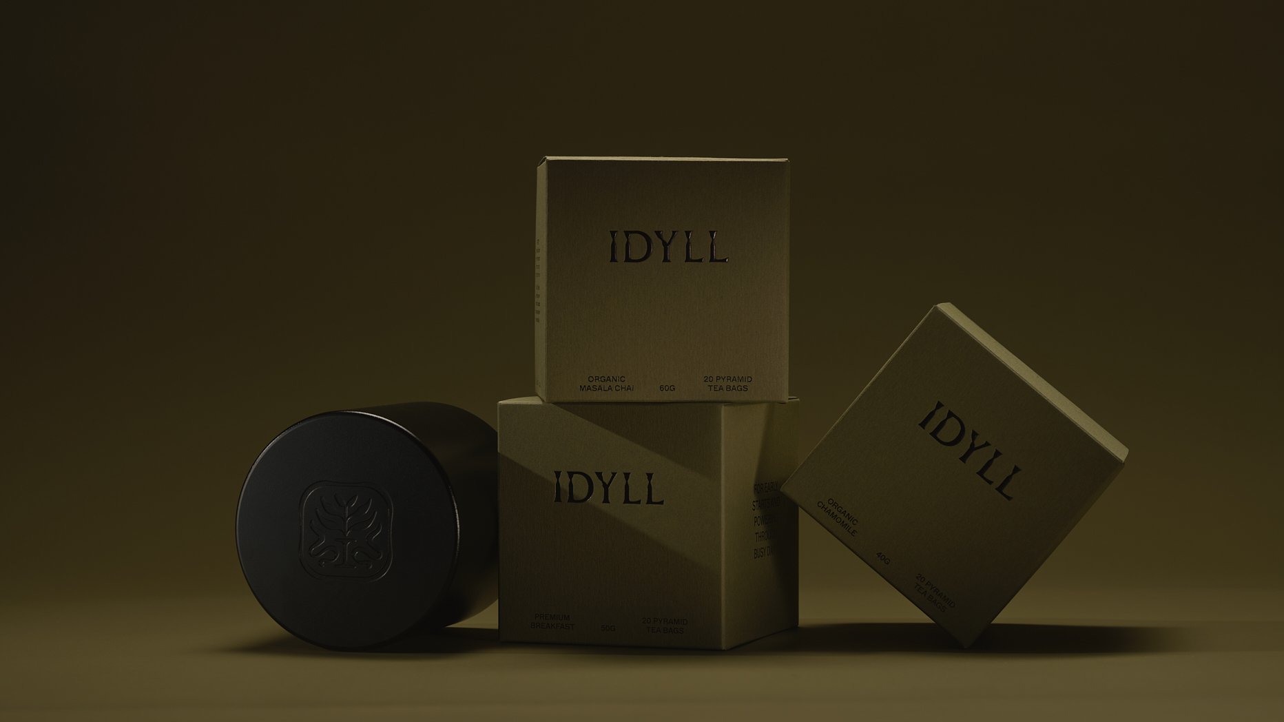Various skincare and tea products with branding 'IDYLL' on beige and black packaging, arranged on a neutral background.