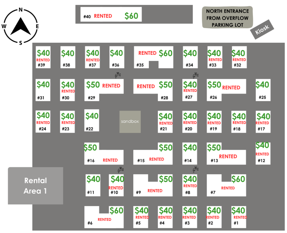 Parking lot map showing numbered spaces with rental prices, some marked as rented or available. North entrance near the overflow parking lot and kiosk. Central sandbox area surrounded by parking spaces, which include a mix of $40, $50, and $60 rates, with a few spaces marked as rented.