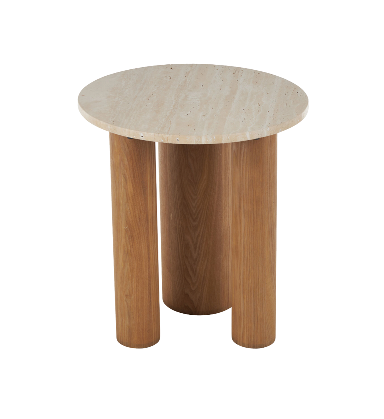Round Beige Travertine and Wood End Table