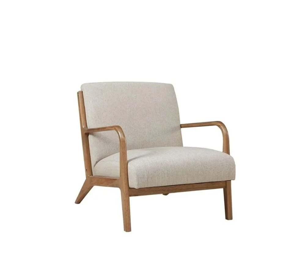 White Linen Armchair with Light Wood Frame