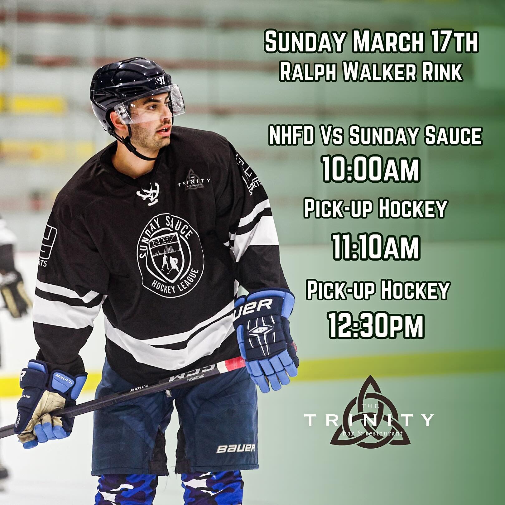 Another full slate of Sunday Sauce Hockey! Featuring a tune up scrimmage with the New Haven Fire Dept in prep for the 2024 Chief&rsquo;s Cup and two pick-up skates. Come on down to the Trinity Bar after to enjoy a pint and some Irish fare with your f