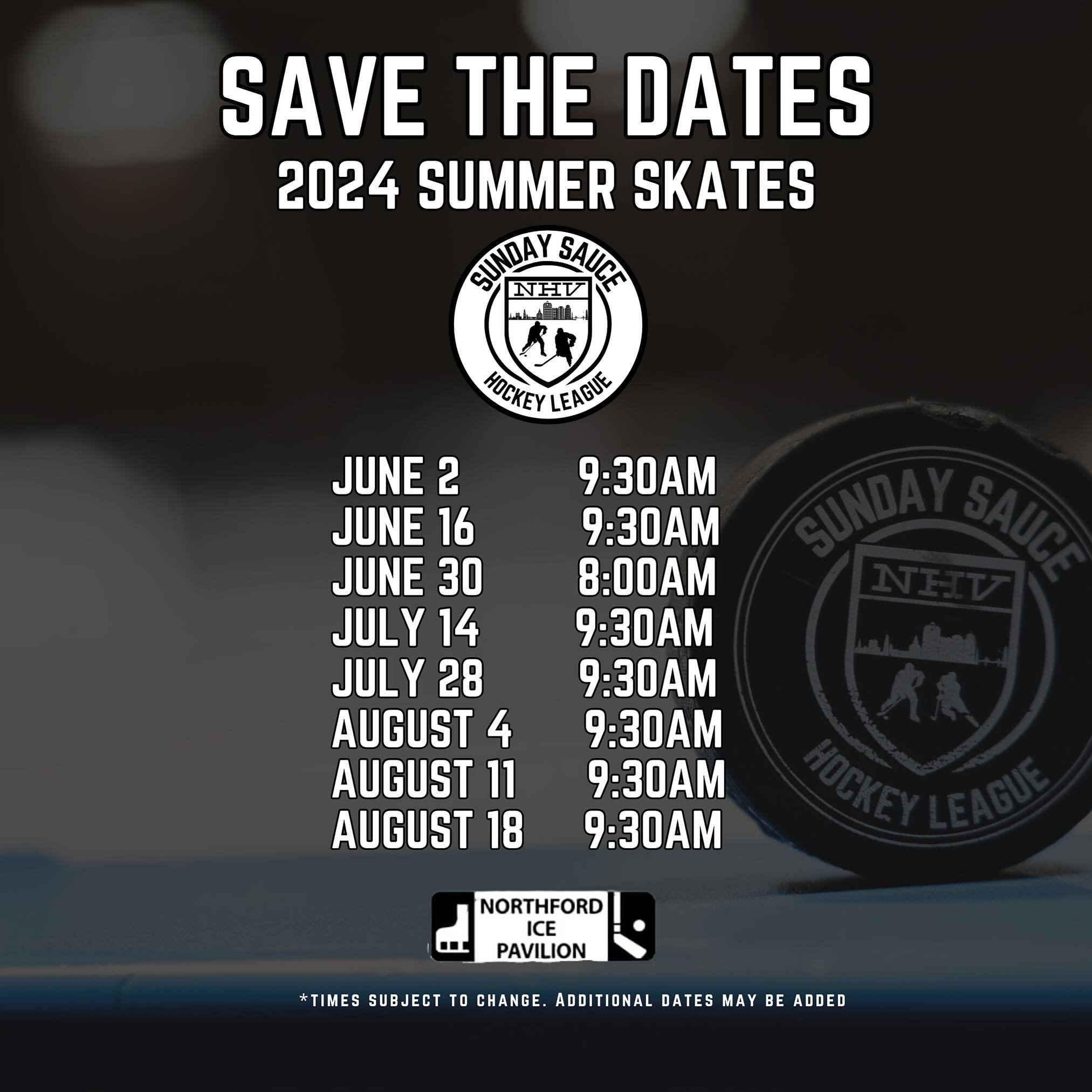 Updated dates and times for our skates at Northford this summer. At the conclusion of our session at Ralph Walker this month we will be taking the month of May off and starting skates at Northford this summer on June 2nd. Skates will be first come, f