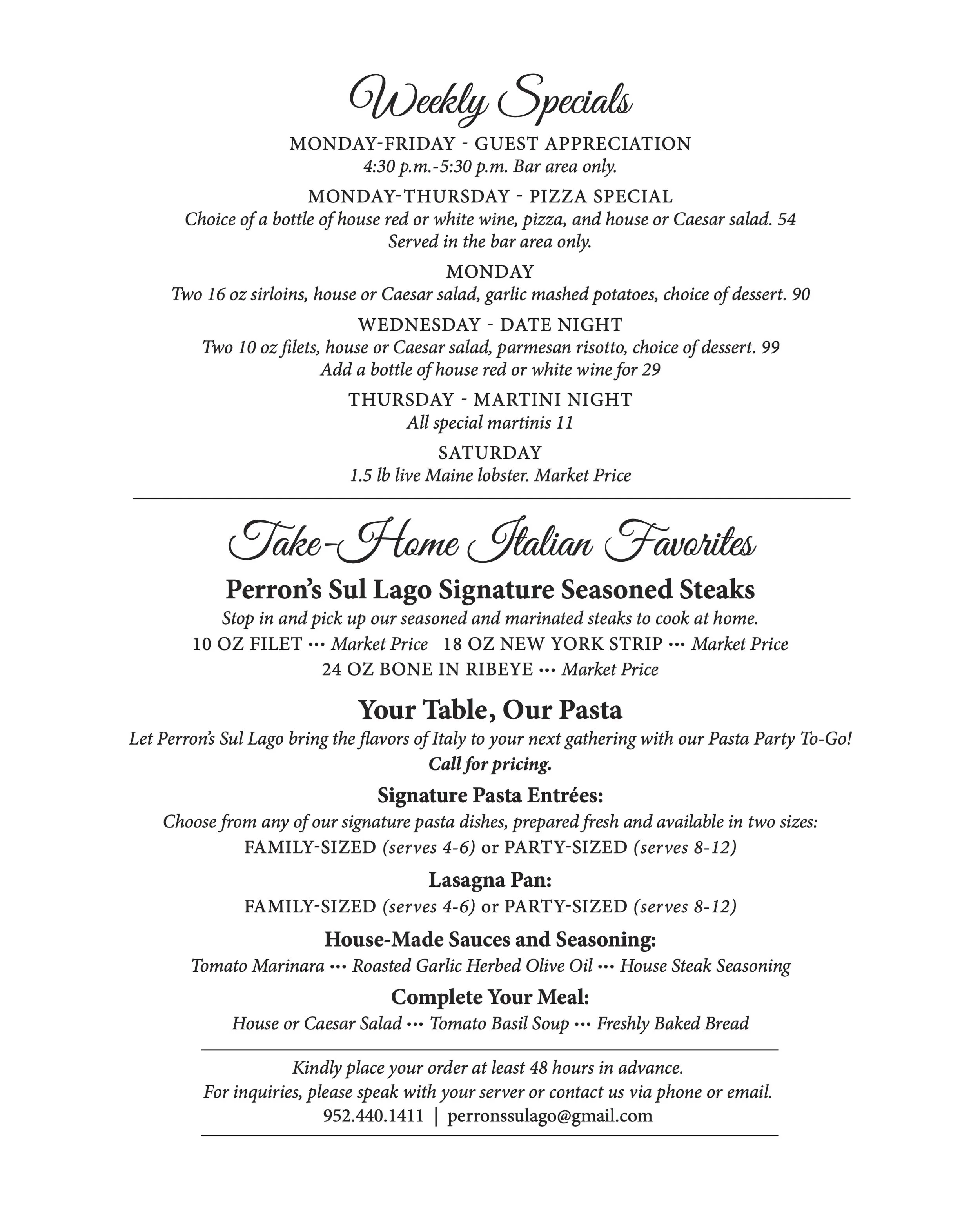 Menu — Perron's Sul Lago